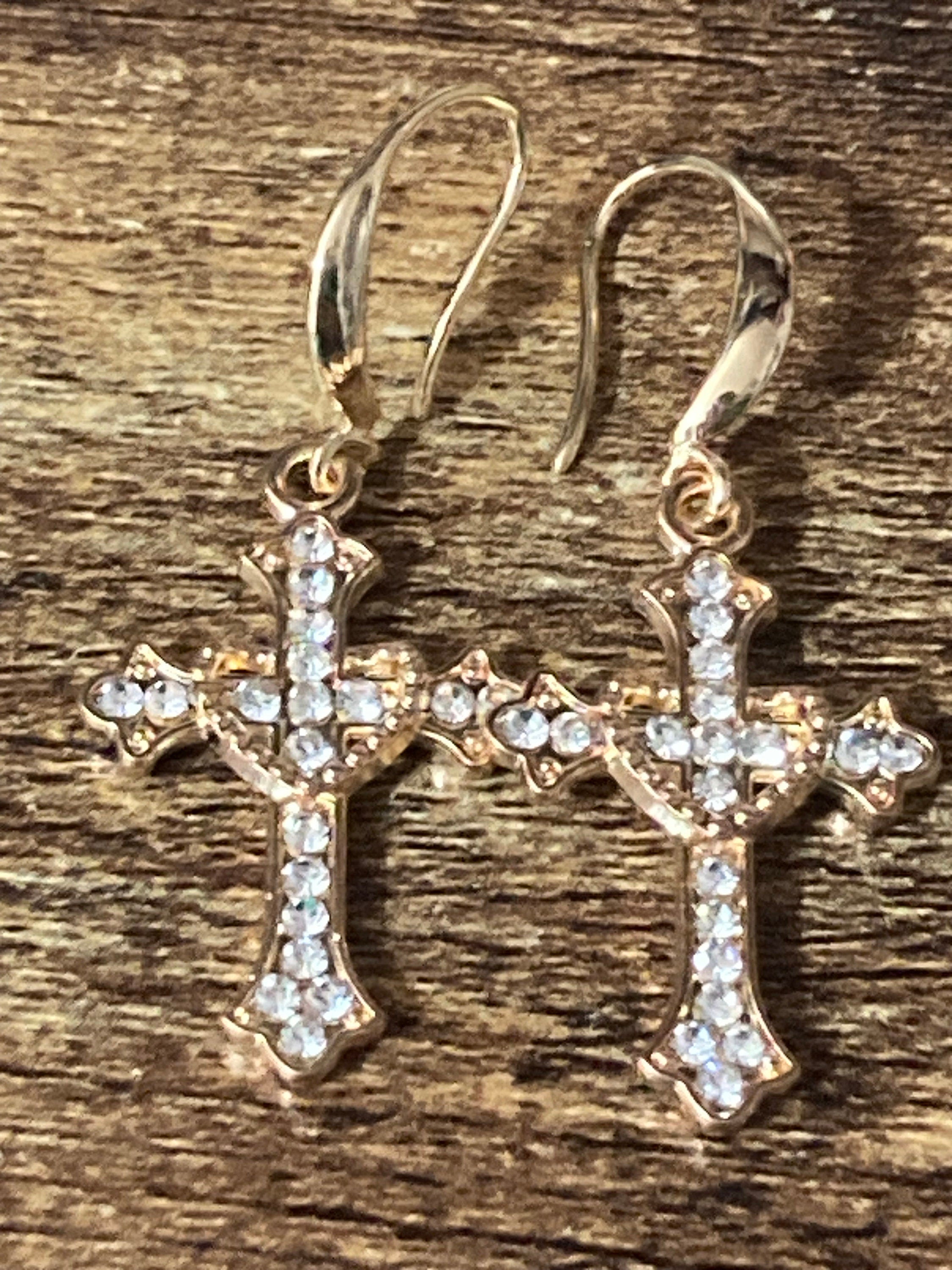18k gold plated clear diamanté crystal religious cross earrings