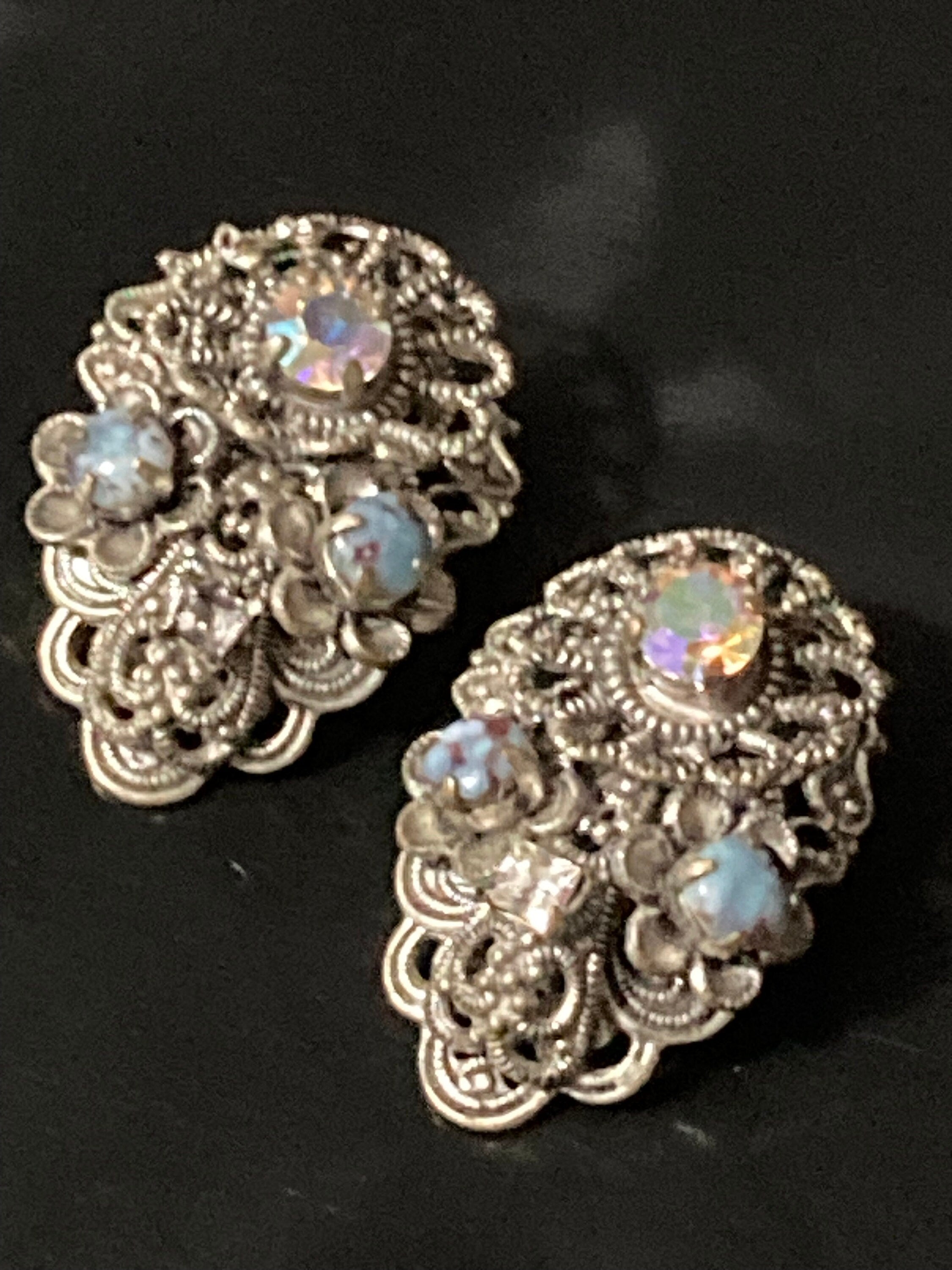 brass Filigree Clip on stud earrings with blue cabochons and AB rainbow paste Vintage Czech