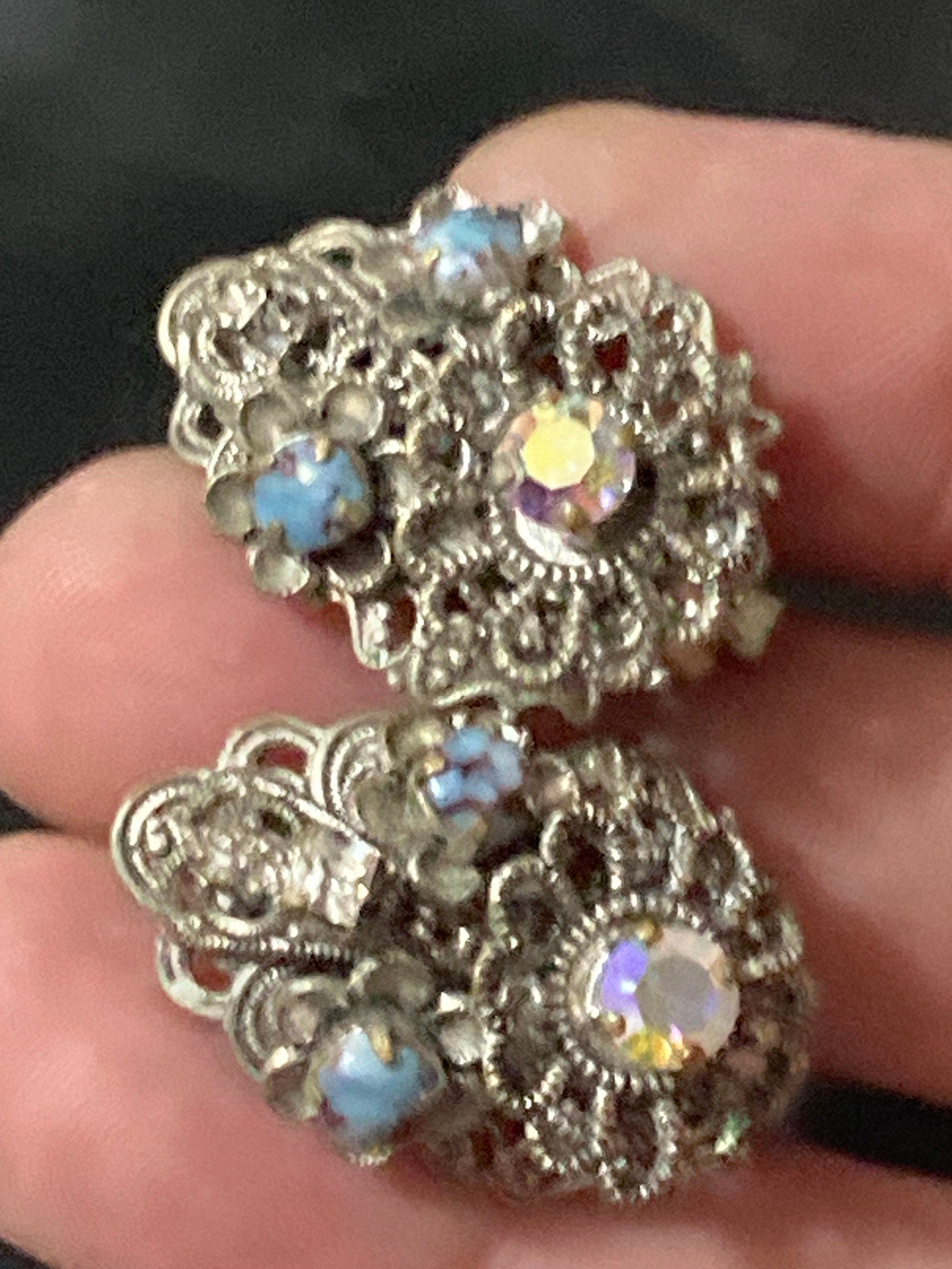 brass Filigree Clip on stud earrings with blue cabochons and AB rainbow paste Vintage Czech