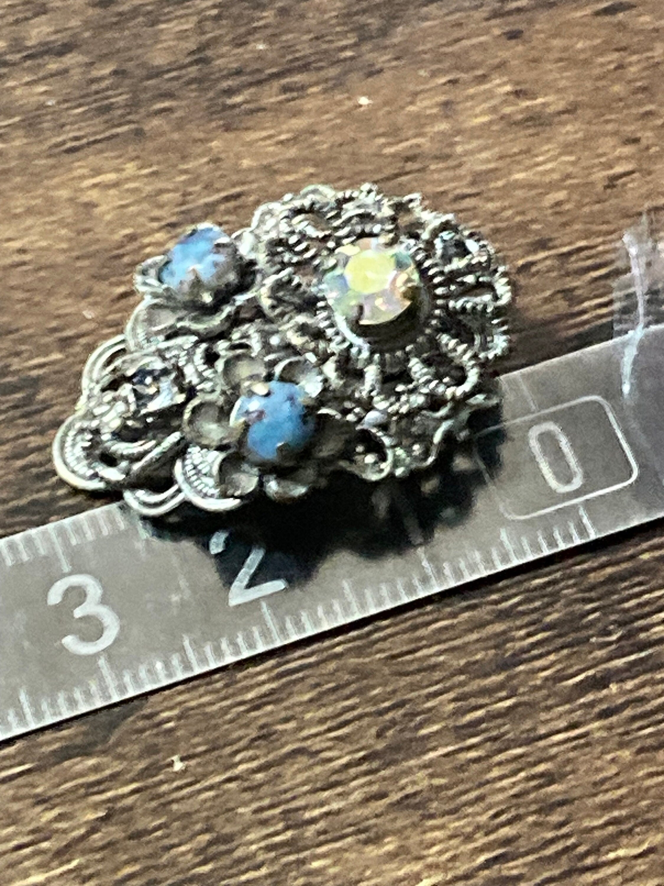 brass Filigree Clip on stud earrings with blue cabochons and AB rainbow paste Vintage Czech