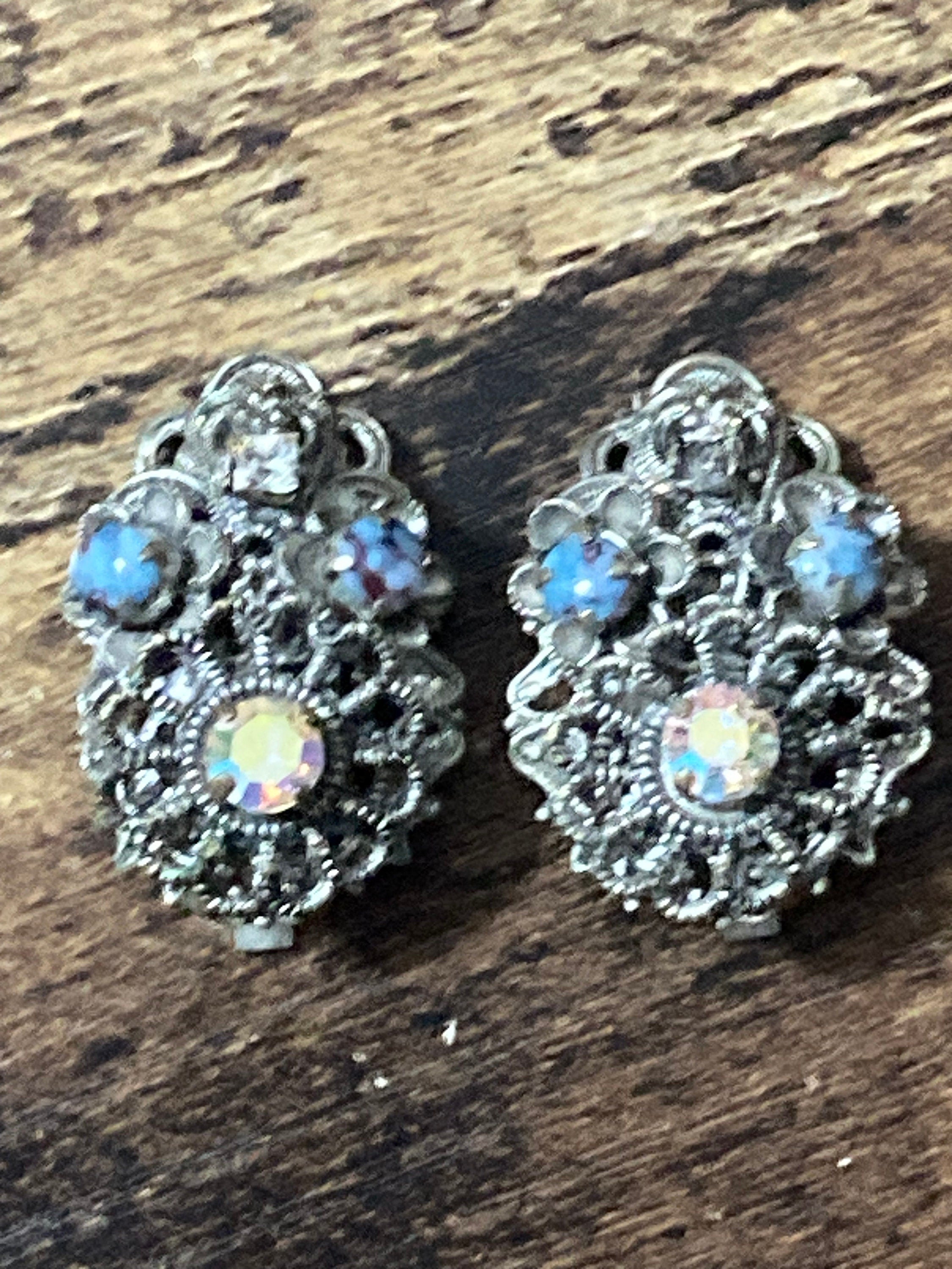 brass Filigree Clip on stud earrings with blue cabochons and AB rainbow paste Vintage Czech