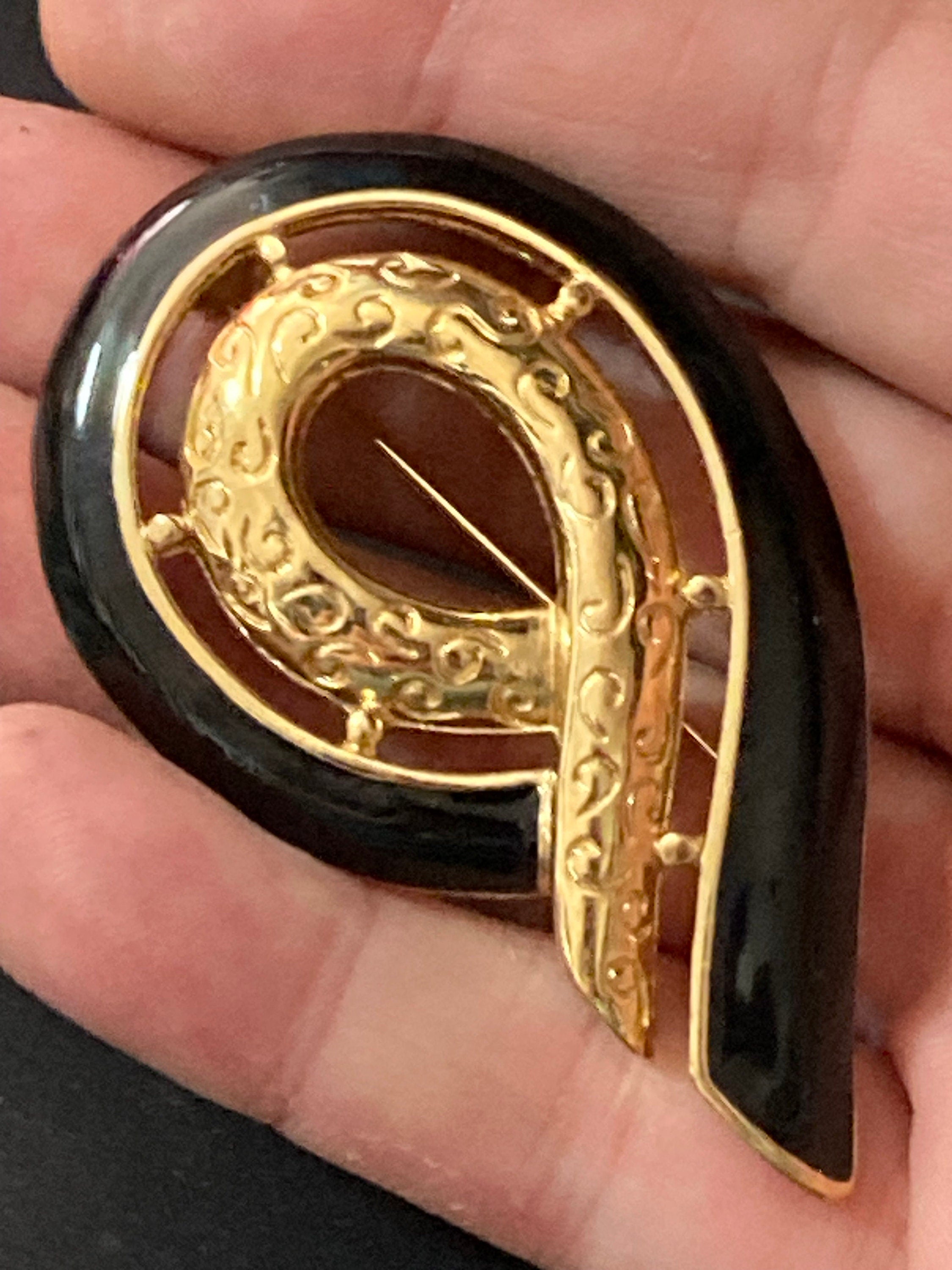 vintage modernist gold tone brooch swirl abstract black enamel