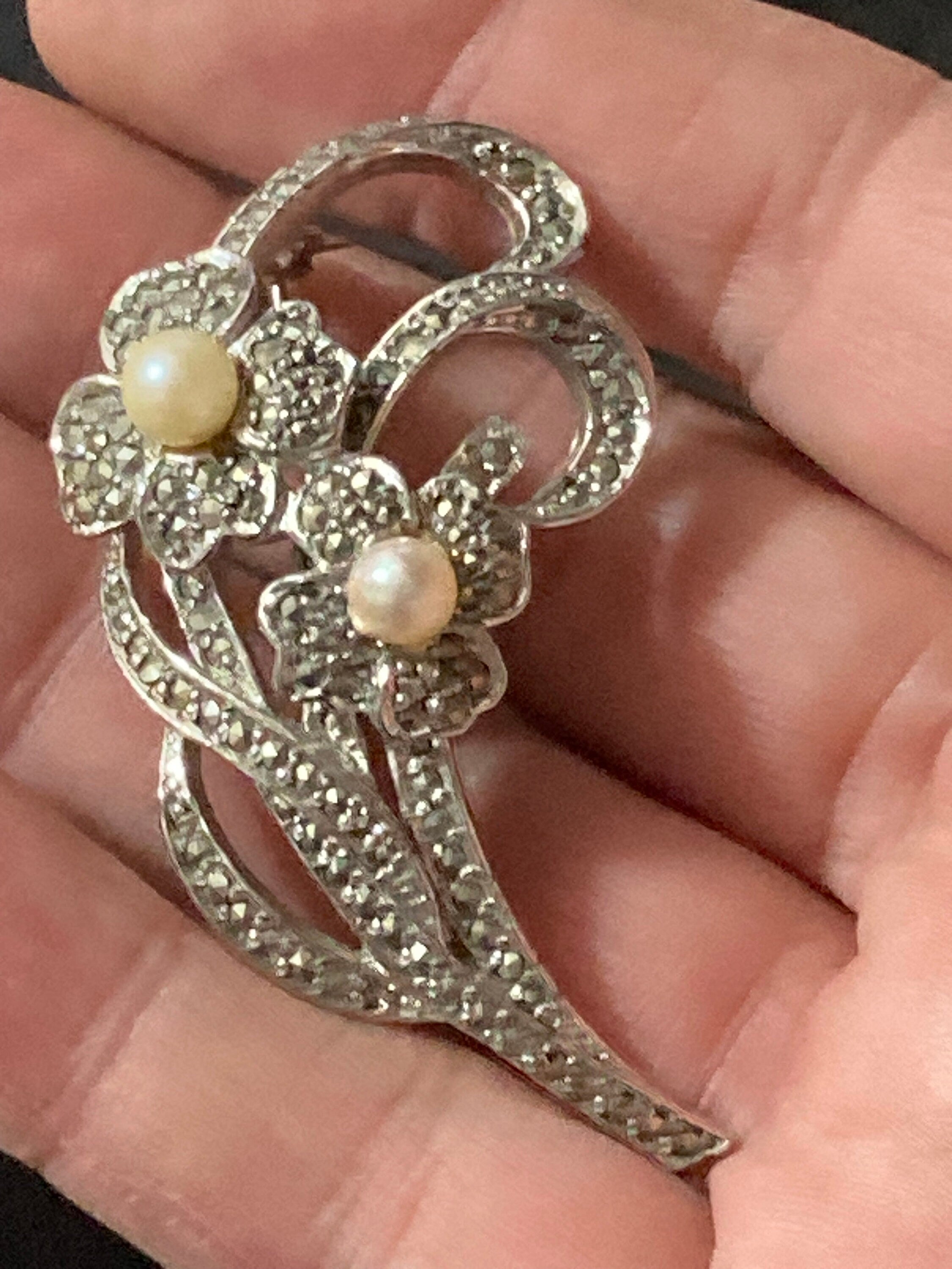 Vintage Sphinx brooch floral marcasite and faux pearl