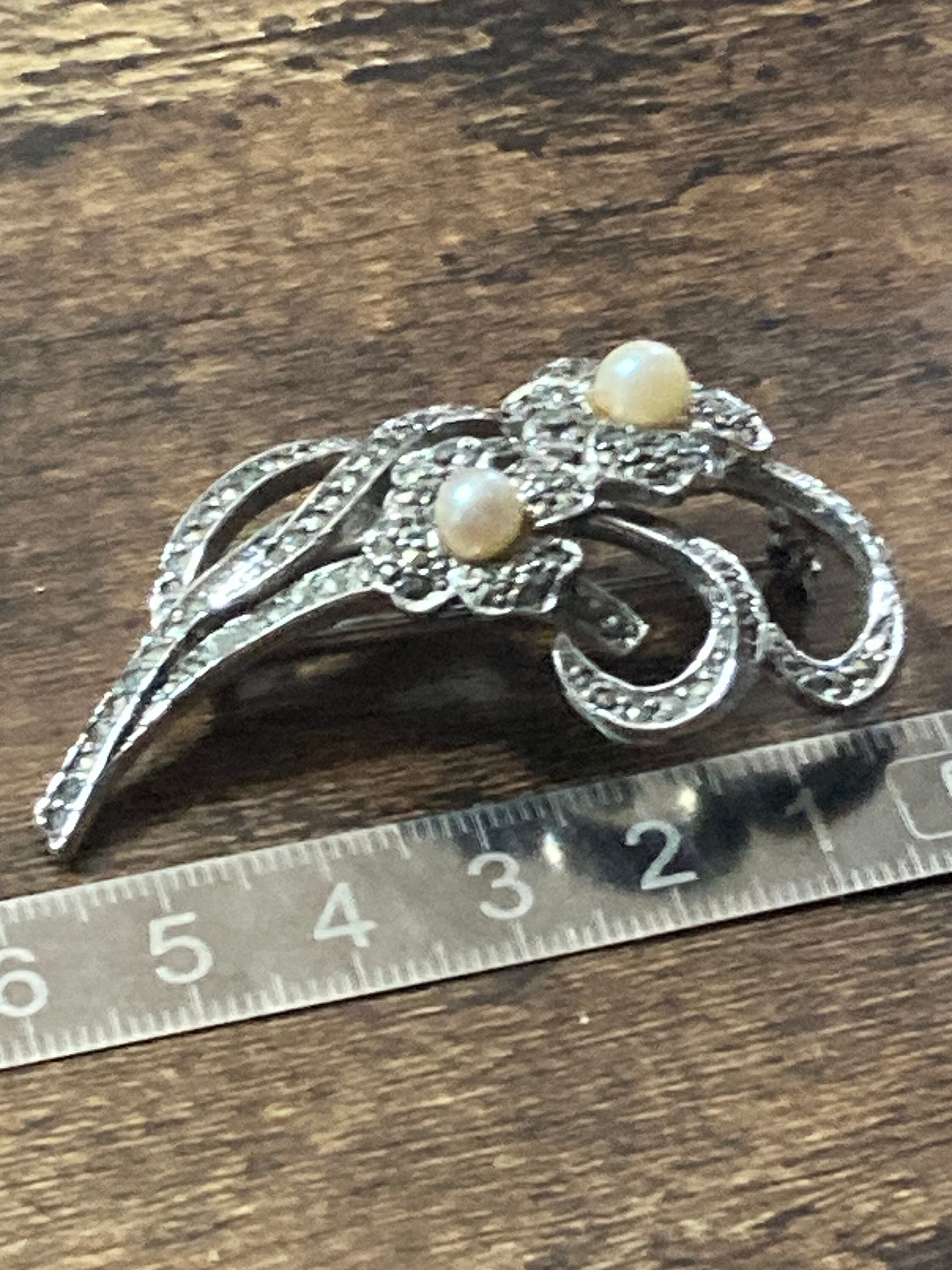 Vintage Sphinx brooch floral marcasite and faux pearl