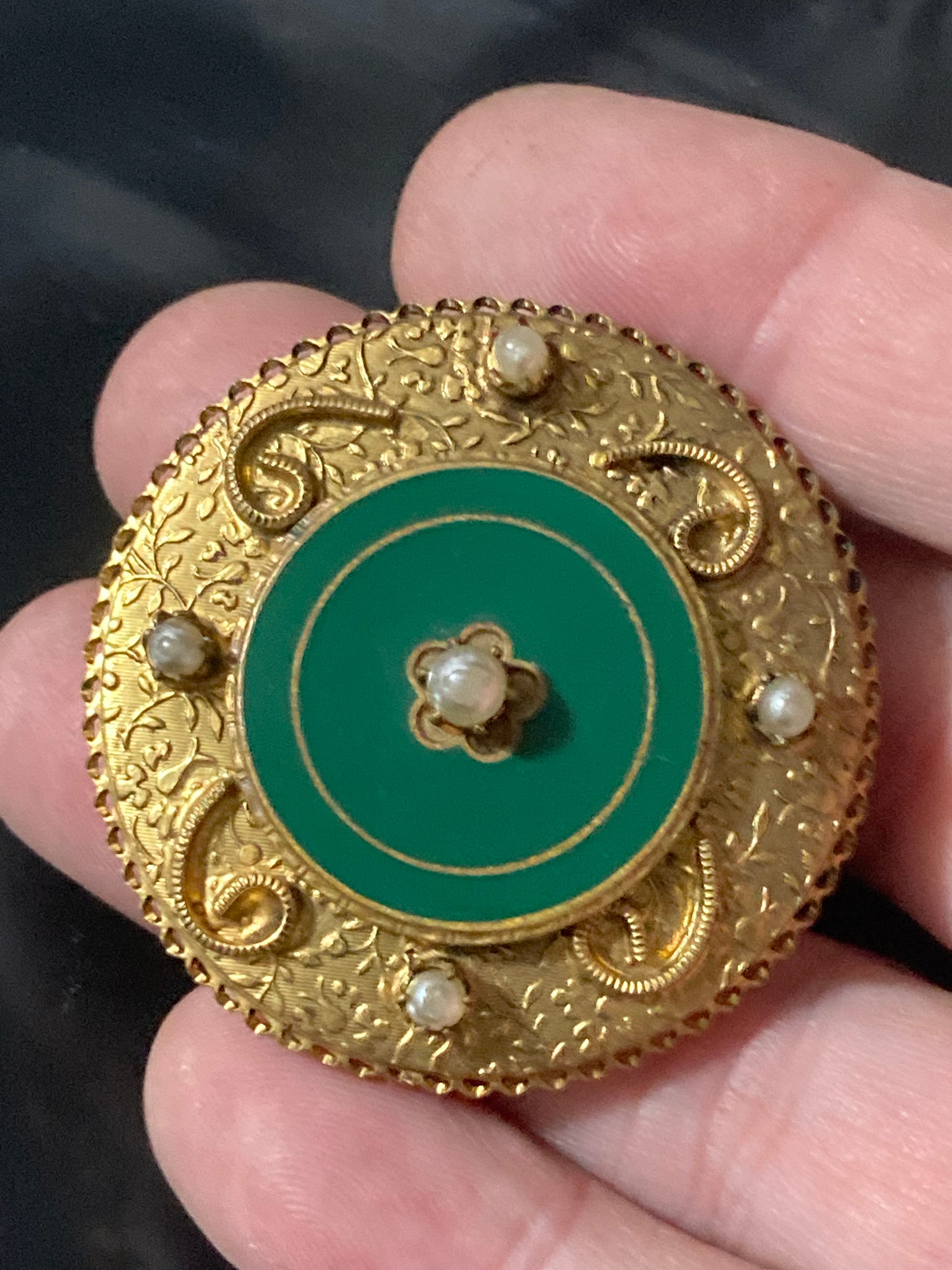 vintage modernist textured Gold tone green enamel abstract faux pearl Etruscan round brooch