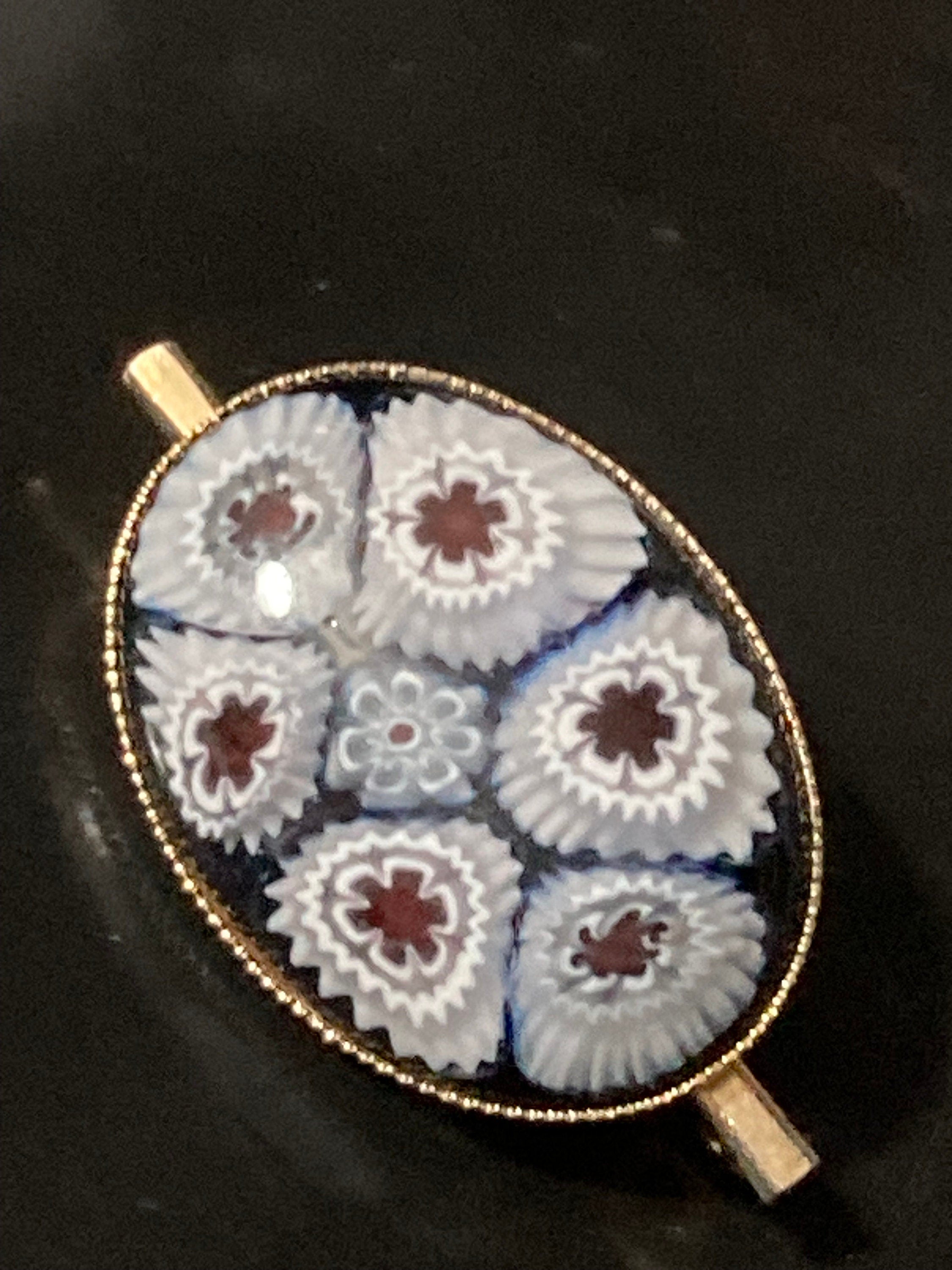 Vintage Italian Micro Mosaic Millefiori Brooch blue red Floral Flowers 1980s