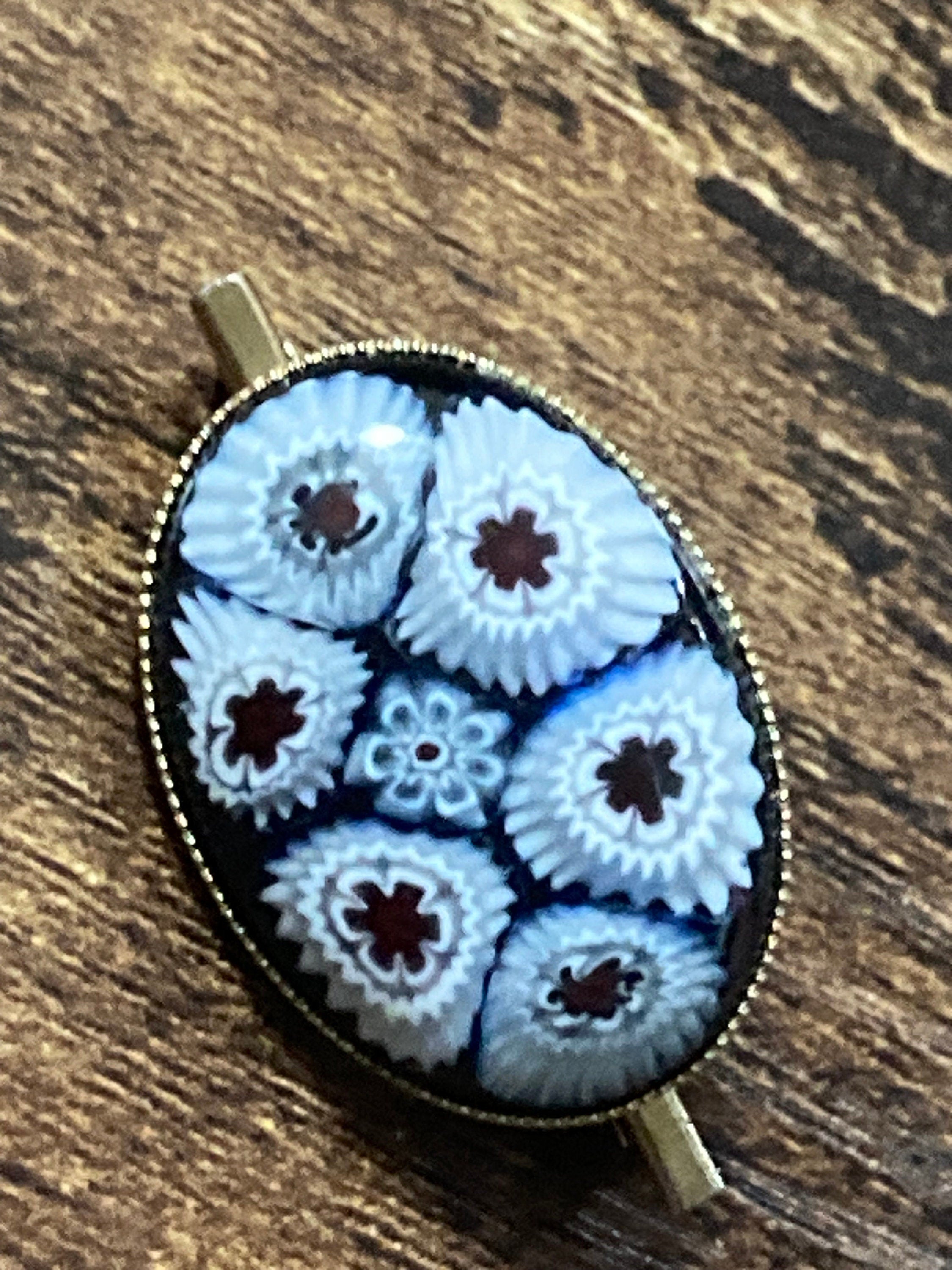 Vintage Italian Micro Mosaic Millefiori Brooch blue red Floral Flowers 1980s