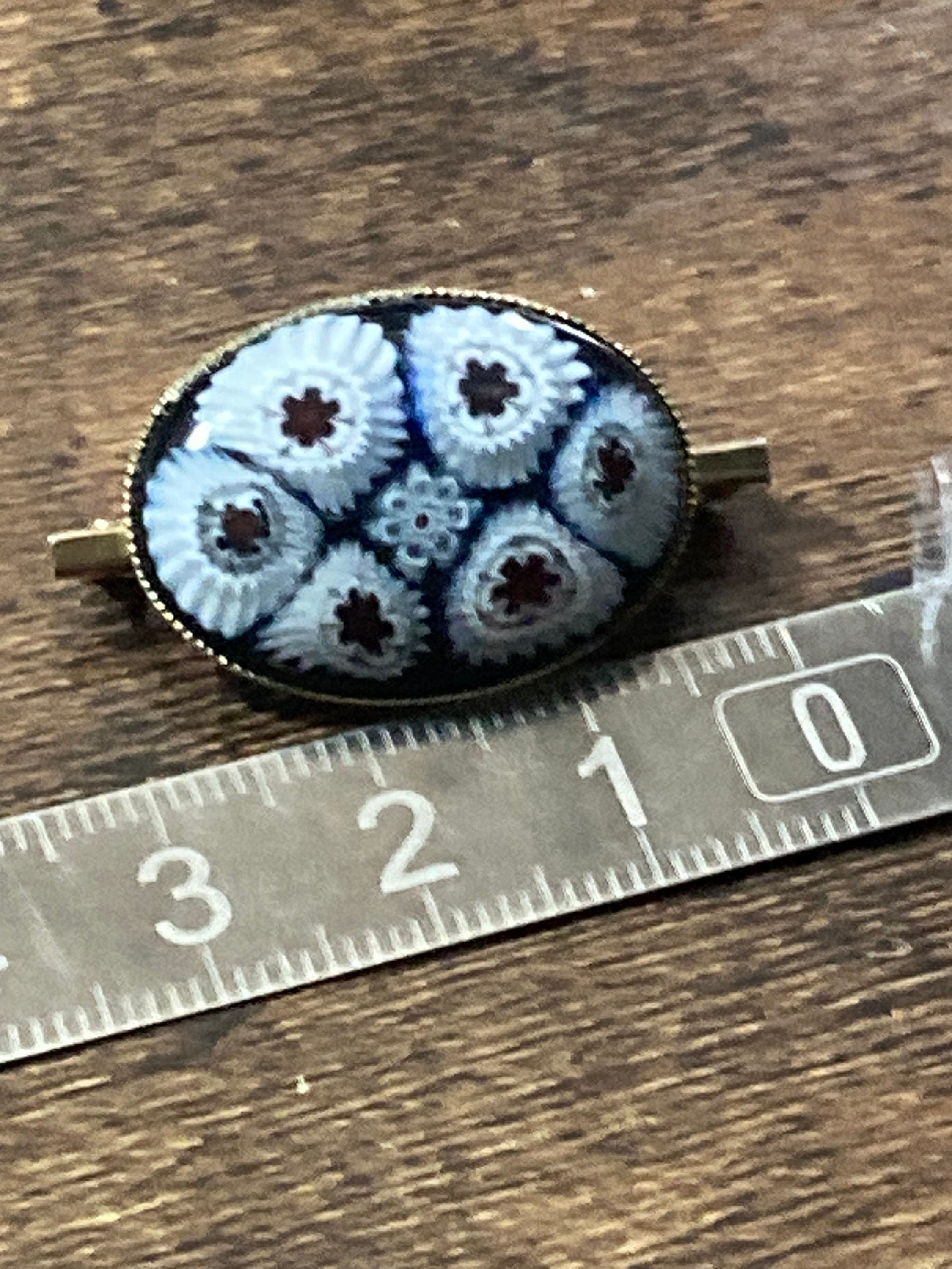 Vintage Italian Micro Mosaic Millefiori Brooch blue red Floral Flowers 1980s