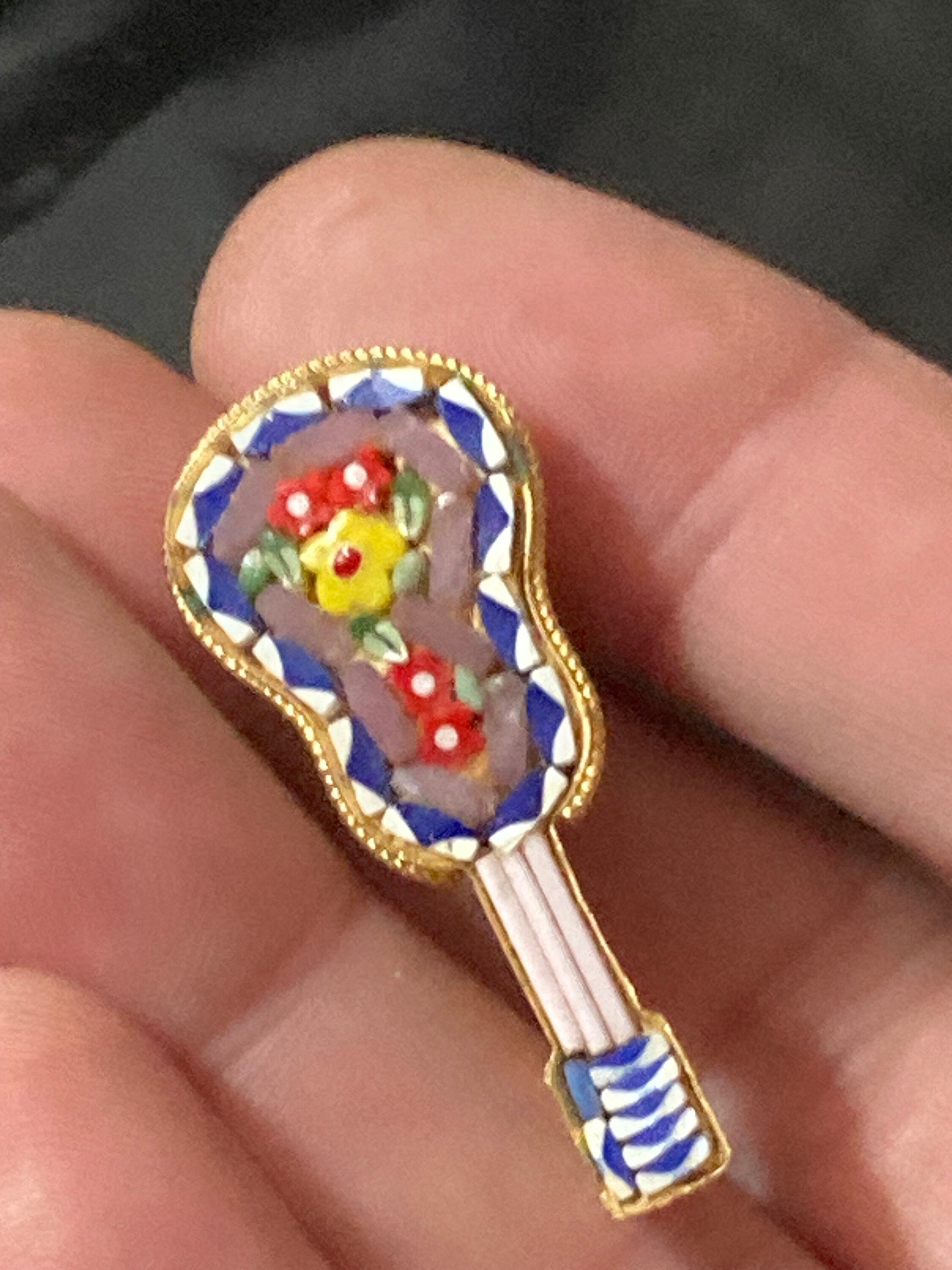 Vintage retro Italian micro mosaic guitar detailed brooch gold tone brass metal