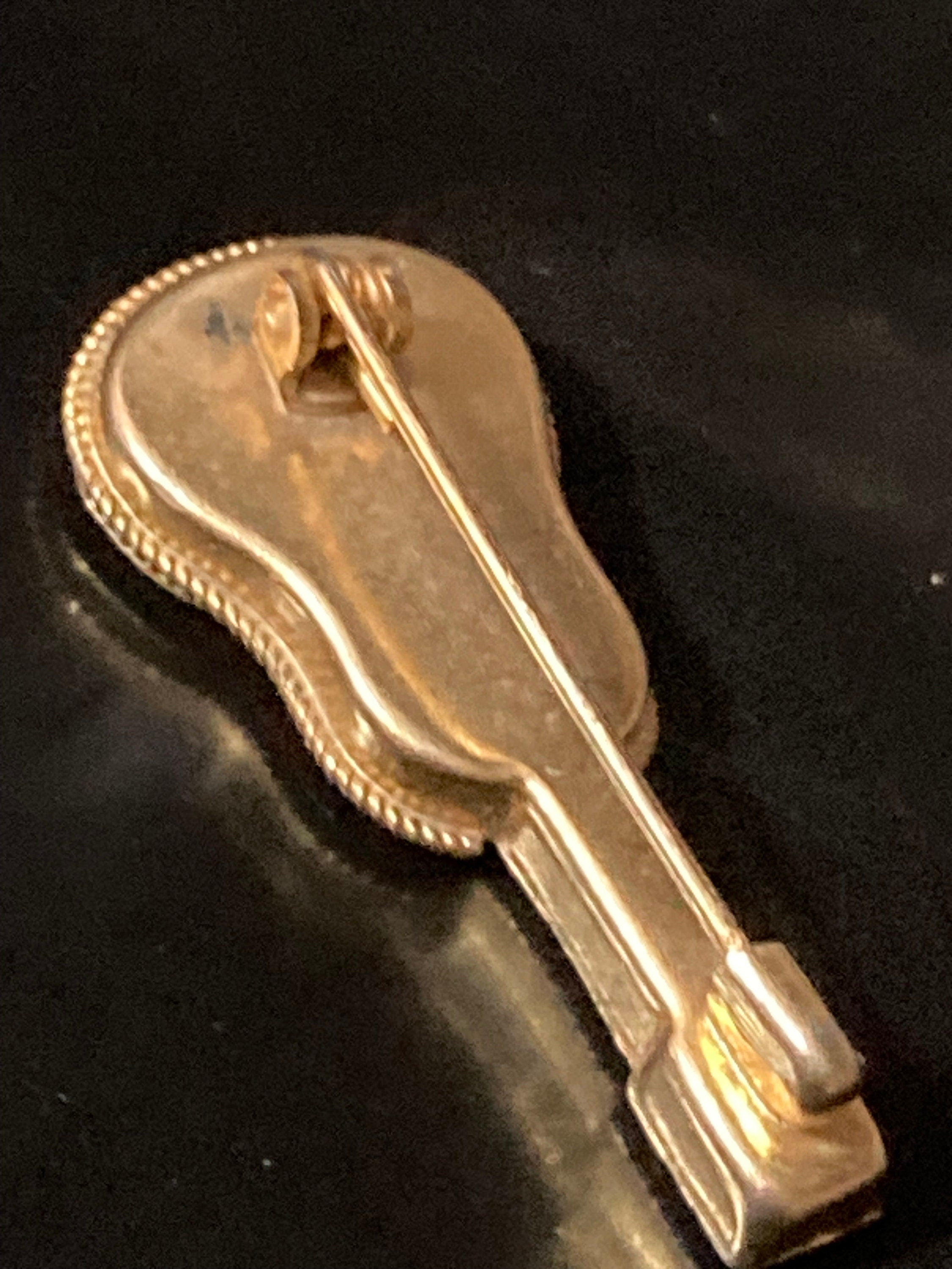 Vintage retro Italian micro mosaic guitar detailed brooch gold tone brass metal