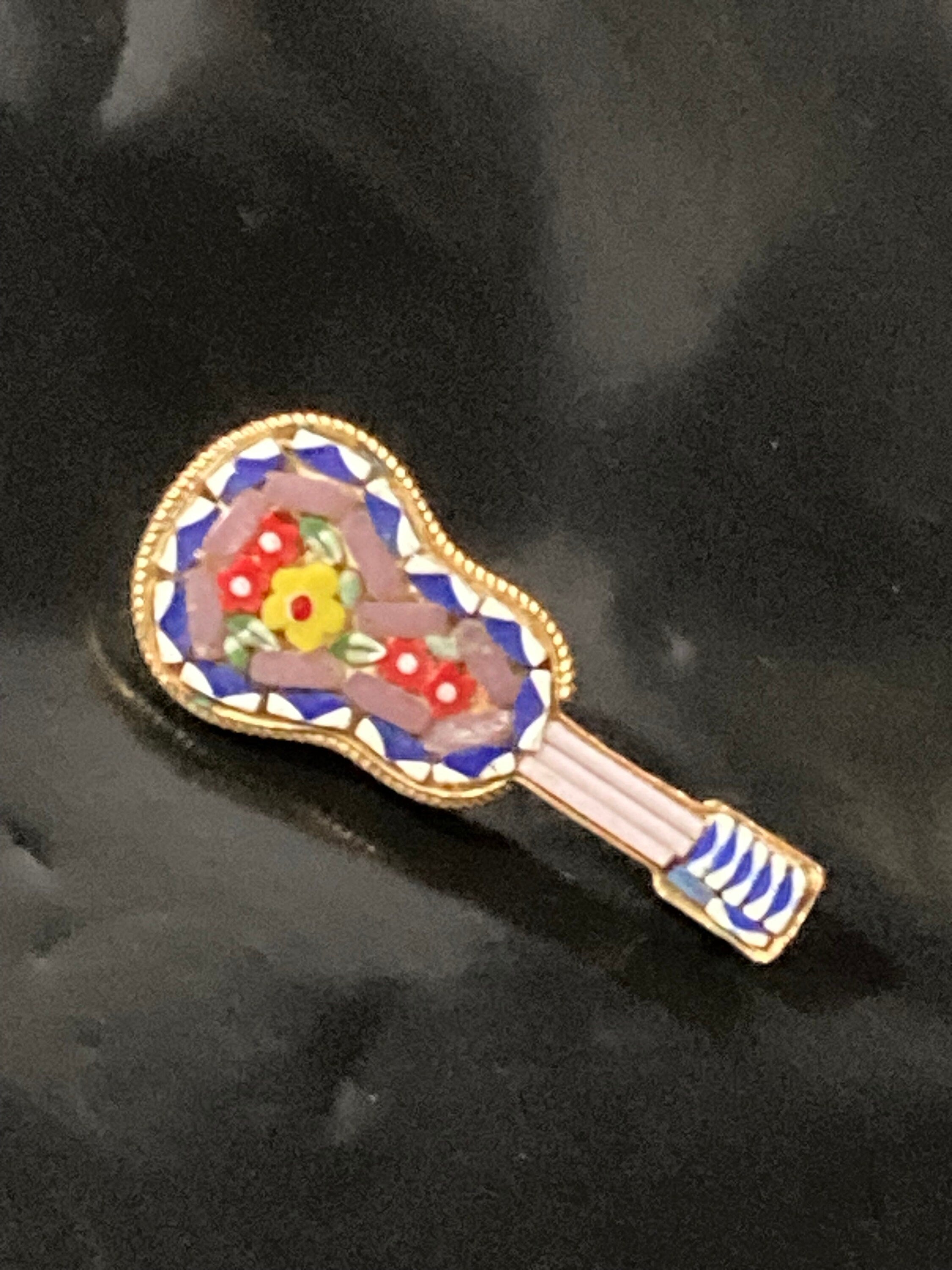 Vintage retro Italian micro mosaic guitar detailed brooch gold tone brass metal