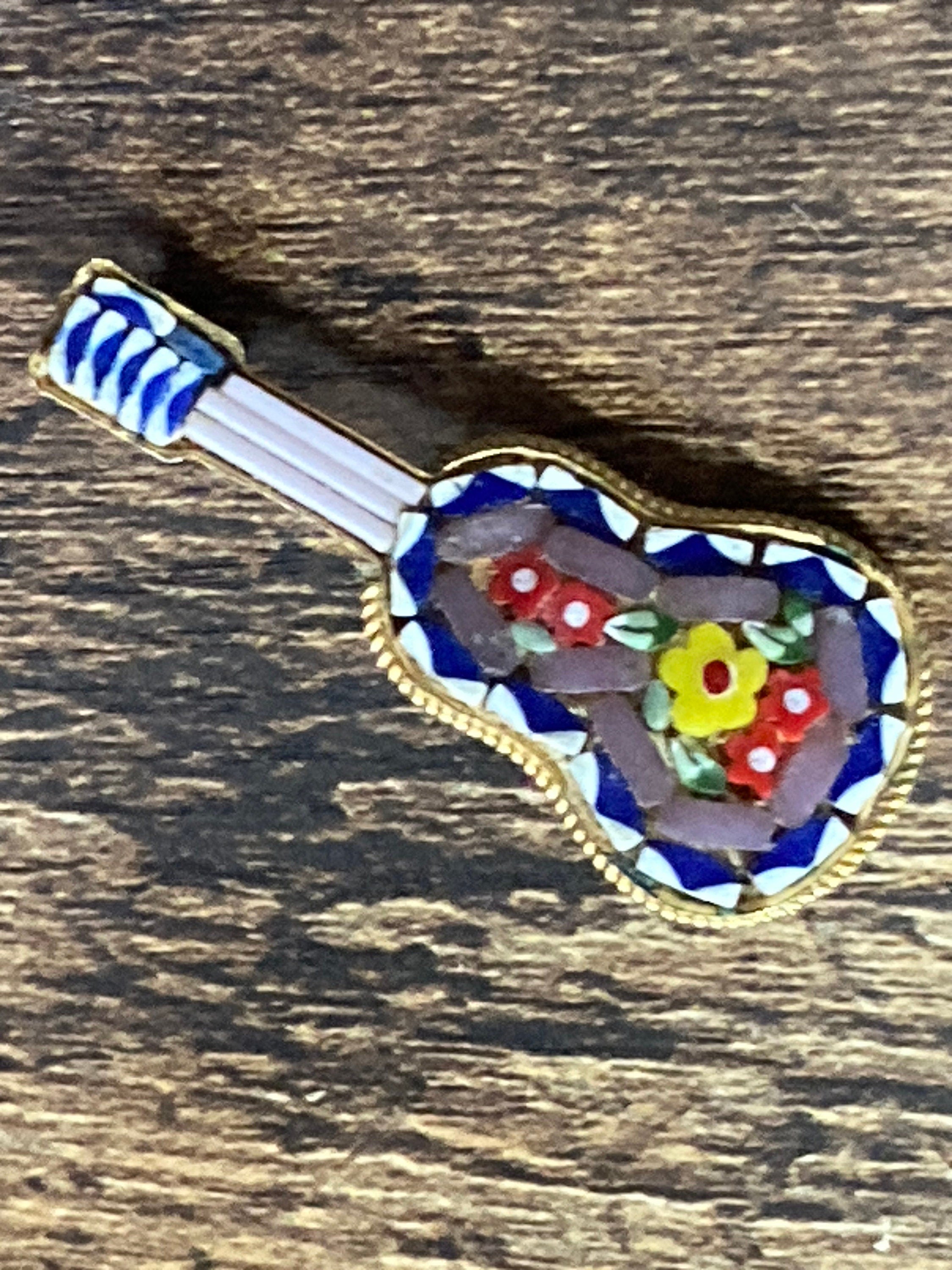 Vintage retro Italian micro mosaic guitar detailed brooch gold tone brass metal