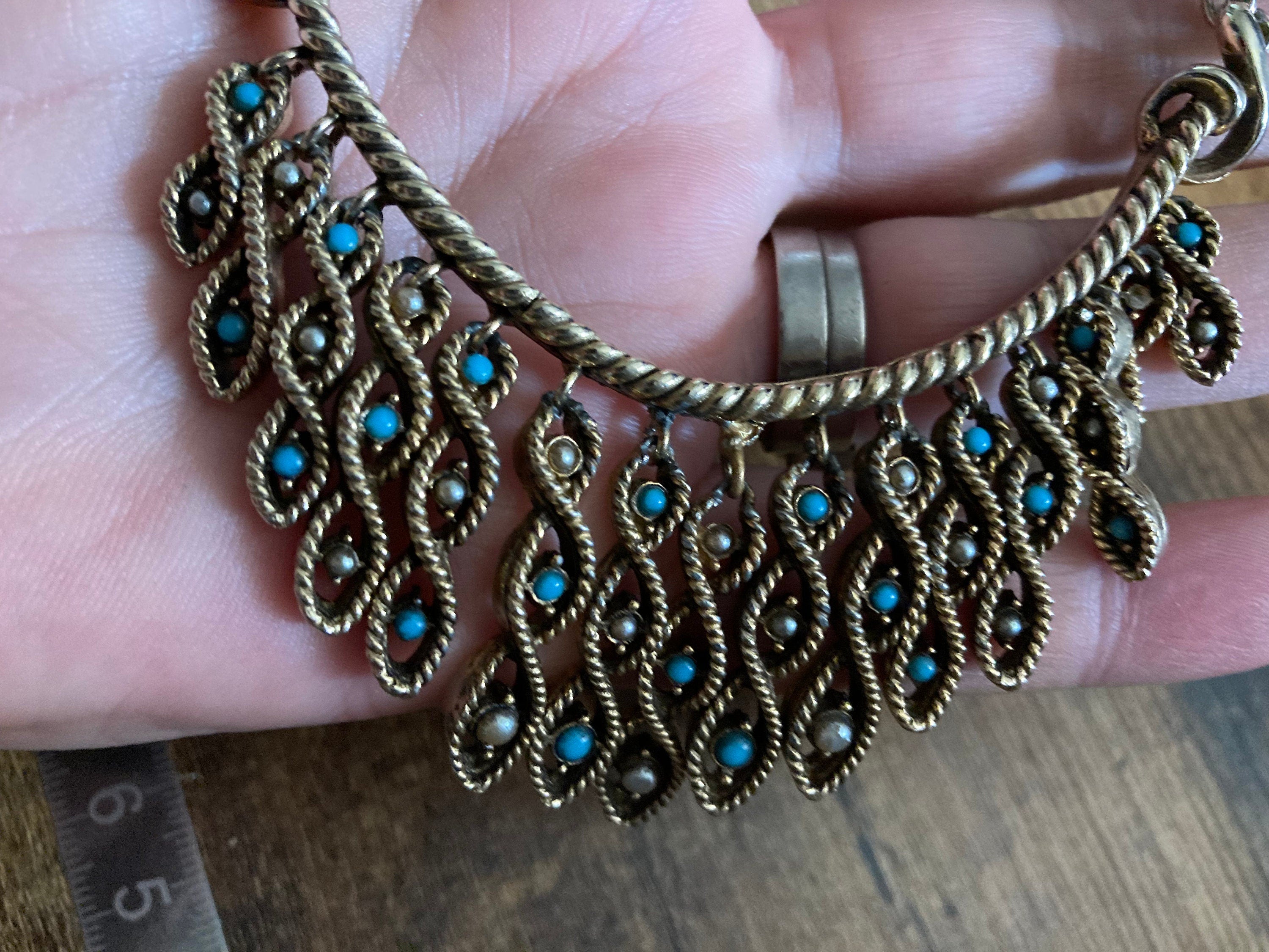 Petite neck turquoise clear diamanté rhinestone paste swag bib necklace Vintage retro gold tone