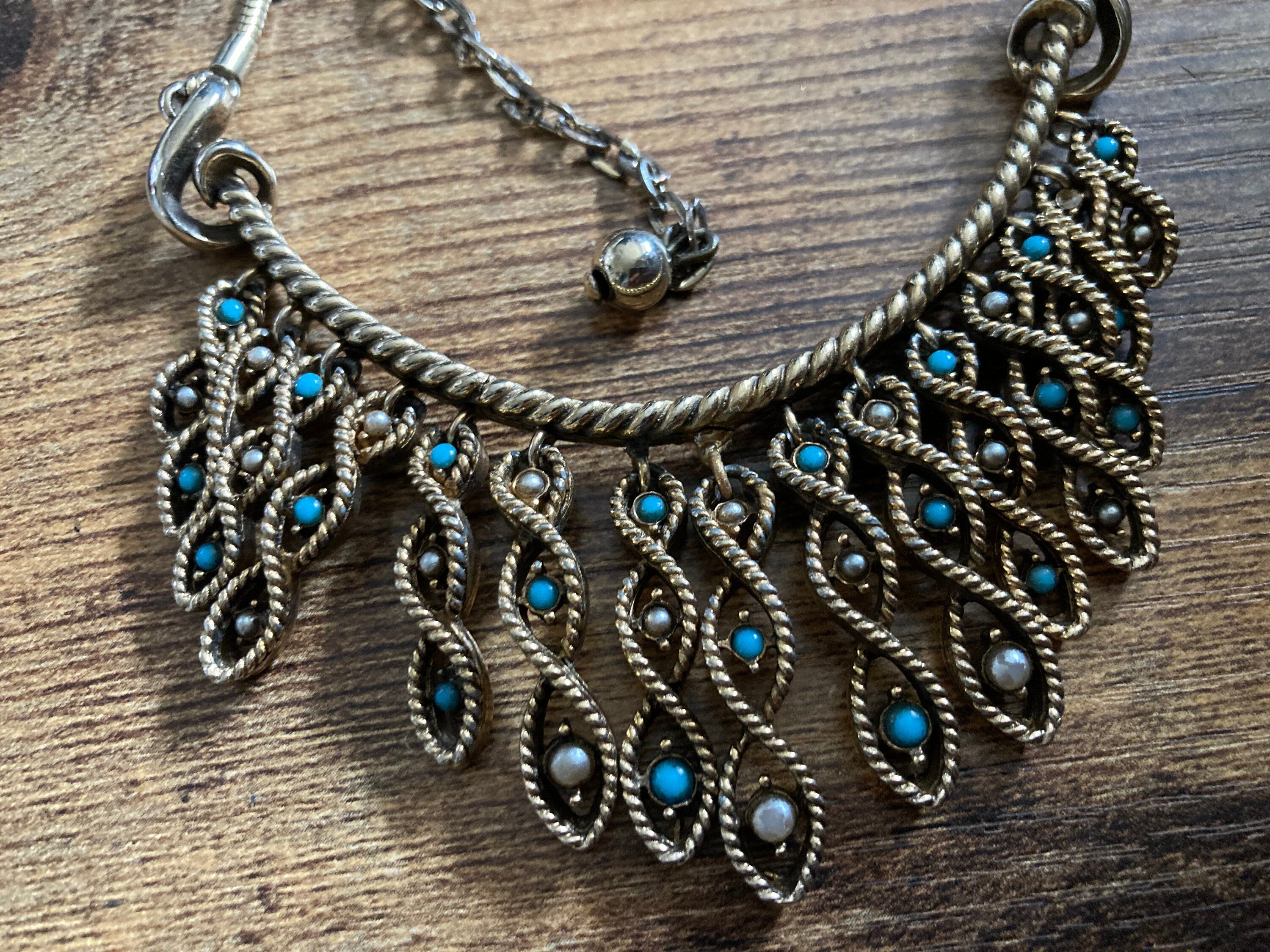 Petite neck turquoise clear diamanté rhinestone paste swag bib necklace Vintage retro gold tone