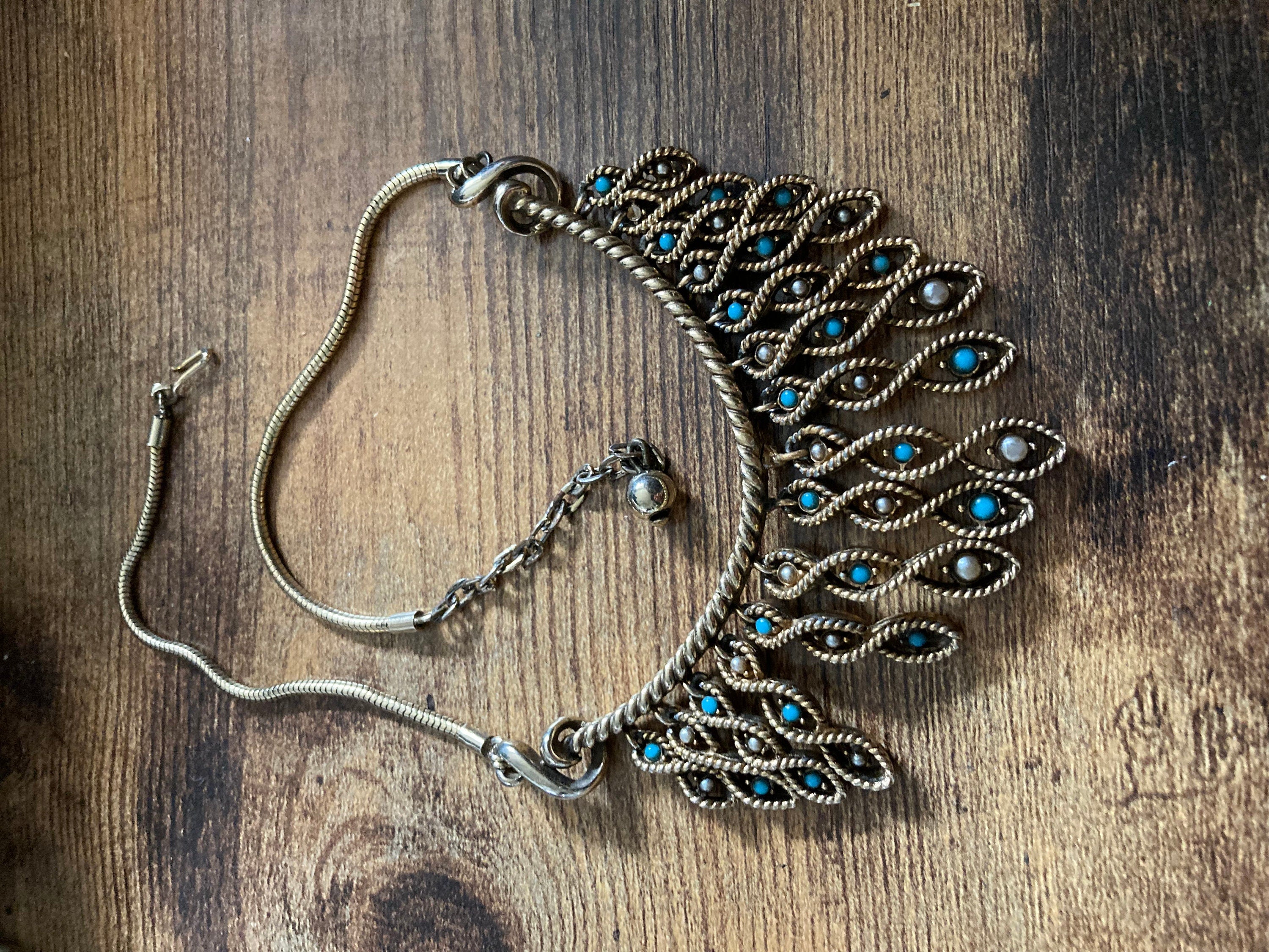 Petite neck turquoise clear diamanté rhinestone paste swag bib necklace Vintage retro gold tone