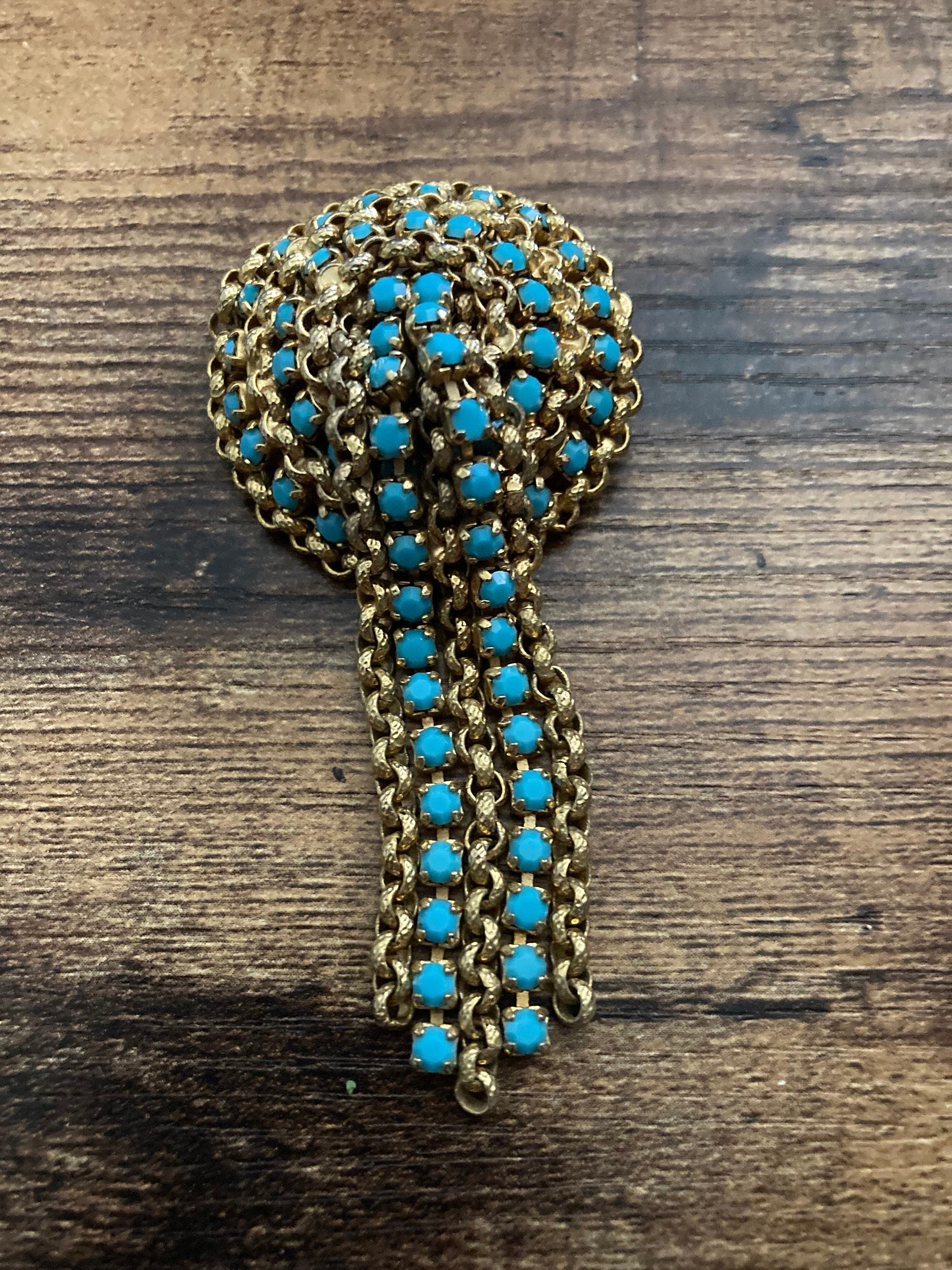 vintage gold tone mesh turquoise beaded abstract waterfall drop brooch