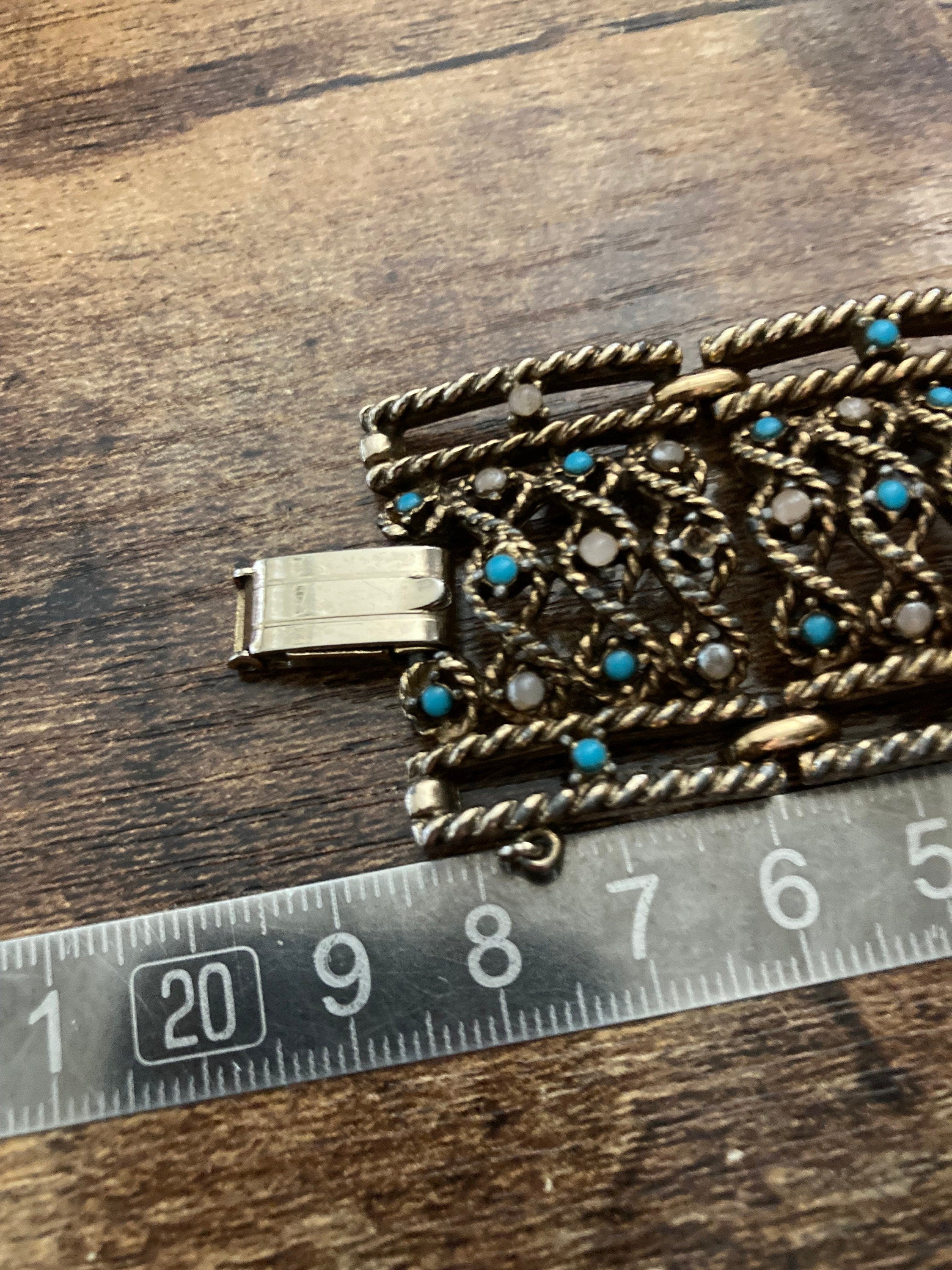 1960s 1970s turquoise rhinestone paste faux seed pearl wide bracelet gold tone