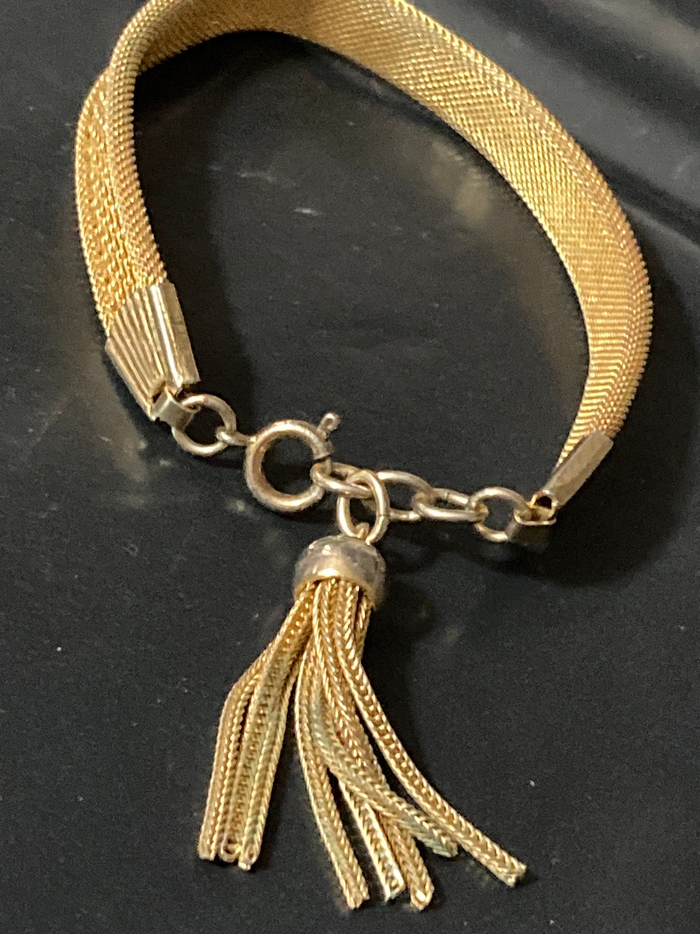 Retro 1970s gold plated articulated flat 12mm wide mesh tassel bracelet