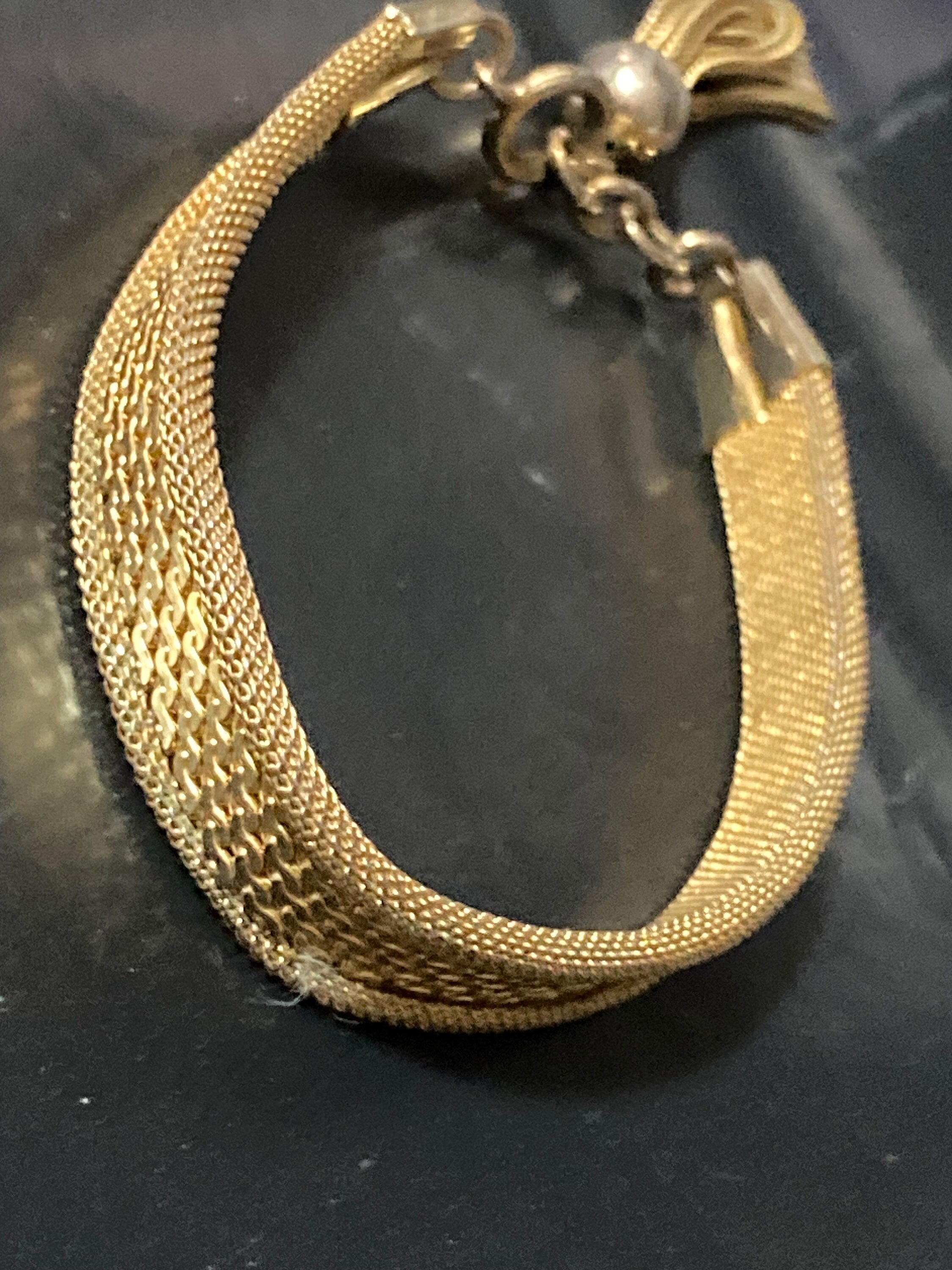 Retro 1970s gold plated articulated flat 12mm wide mesh tassel bracelet