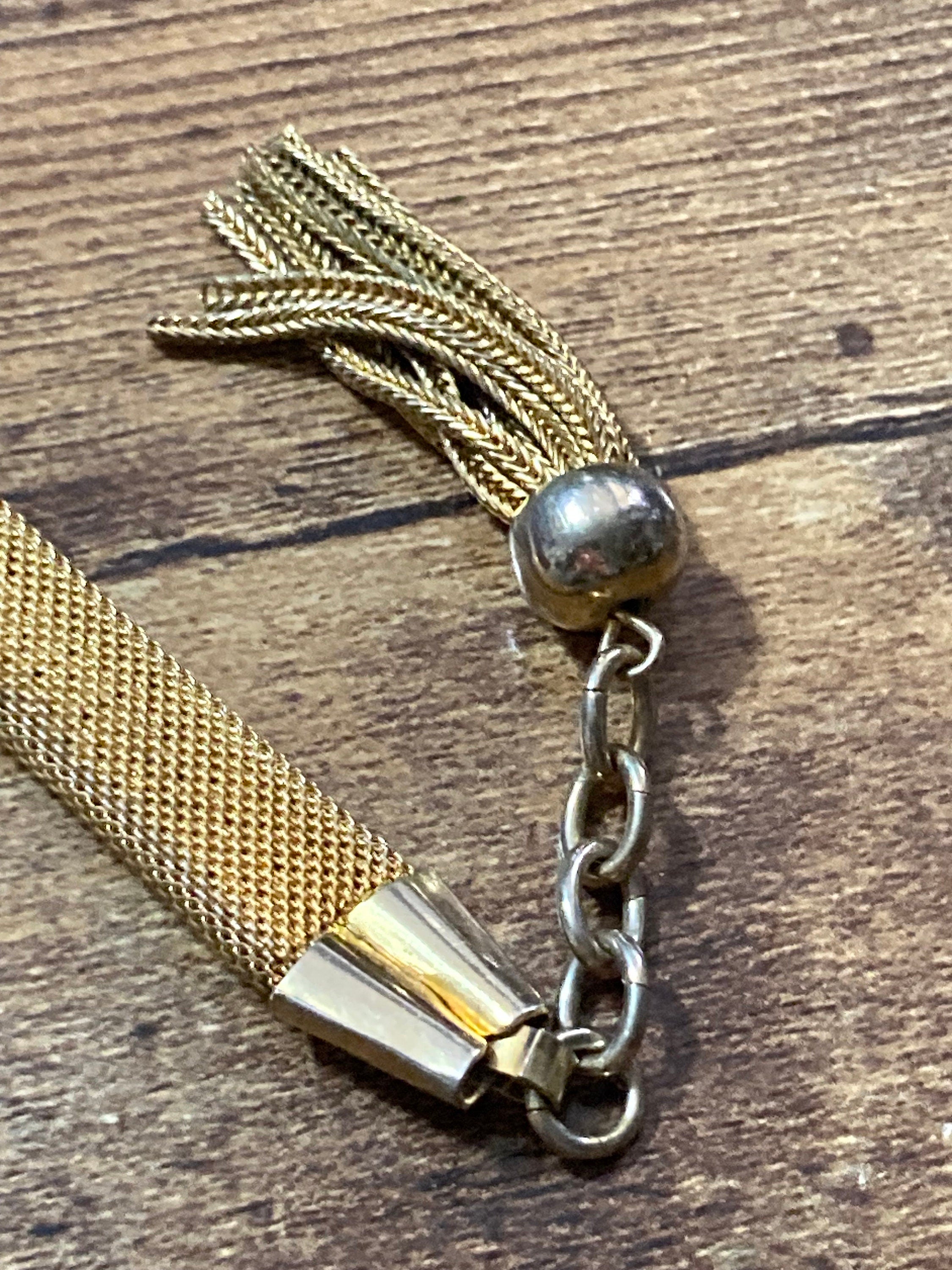 Retro 1970s gold plated articulated flat 12mm wide mesh tassel bracelet