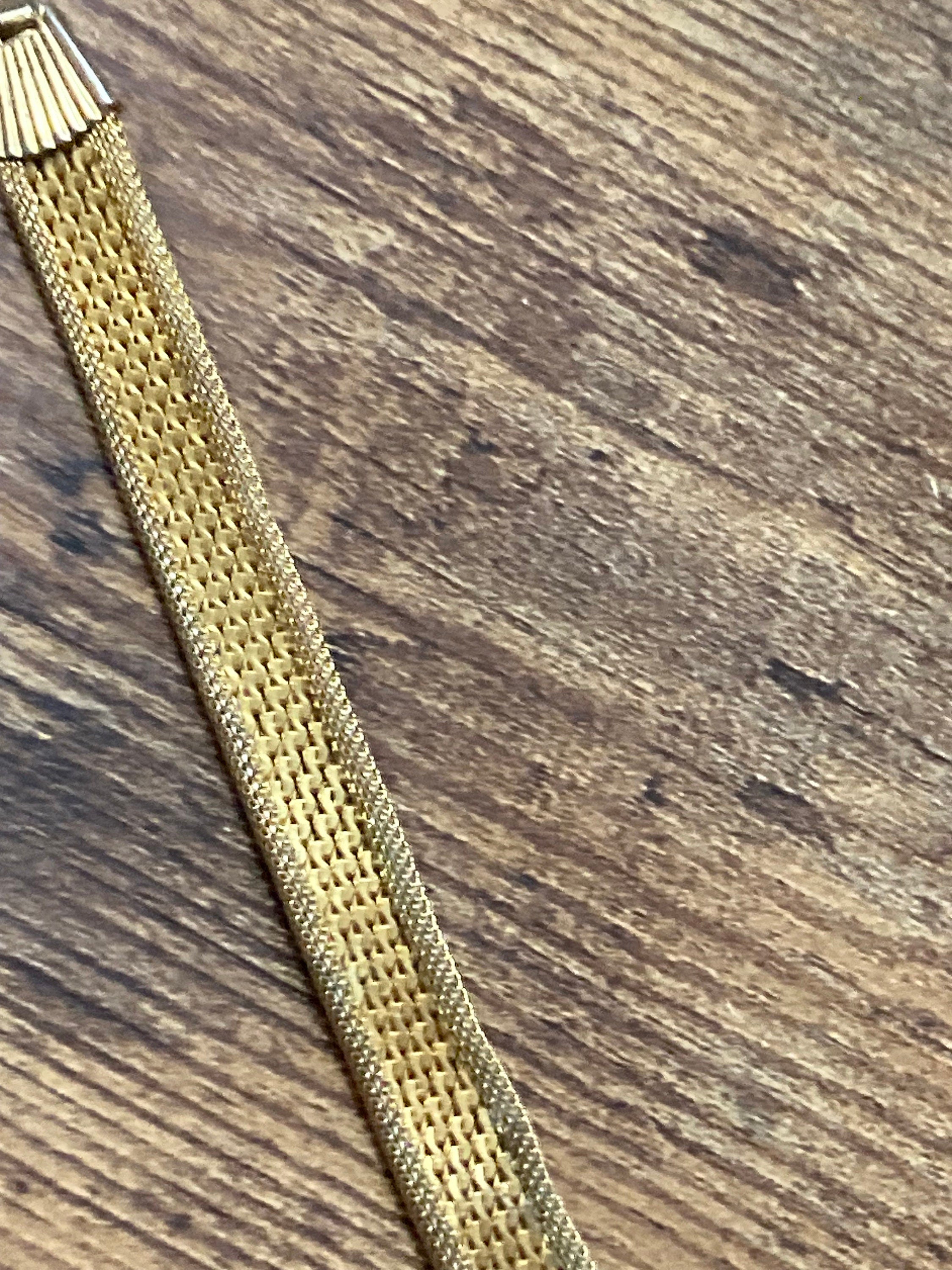 Retro 1970s gold plated articulated flat 12mm wide mesh tassel bracelet