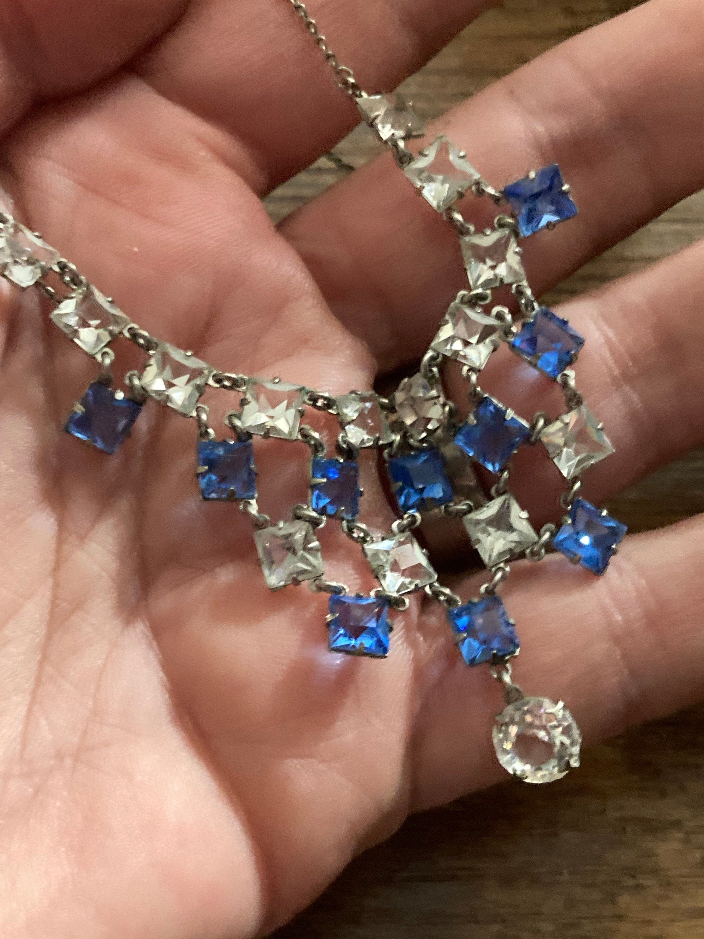 Petite Art Deco czech open back crystal Sapphire blue clear diamanté Paste Rhinestone glass bib necklace