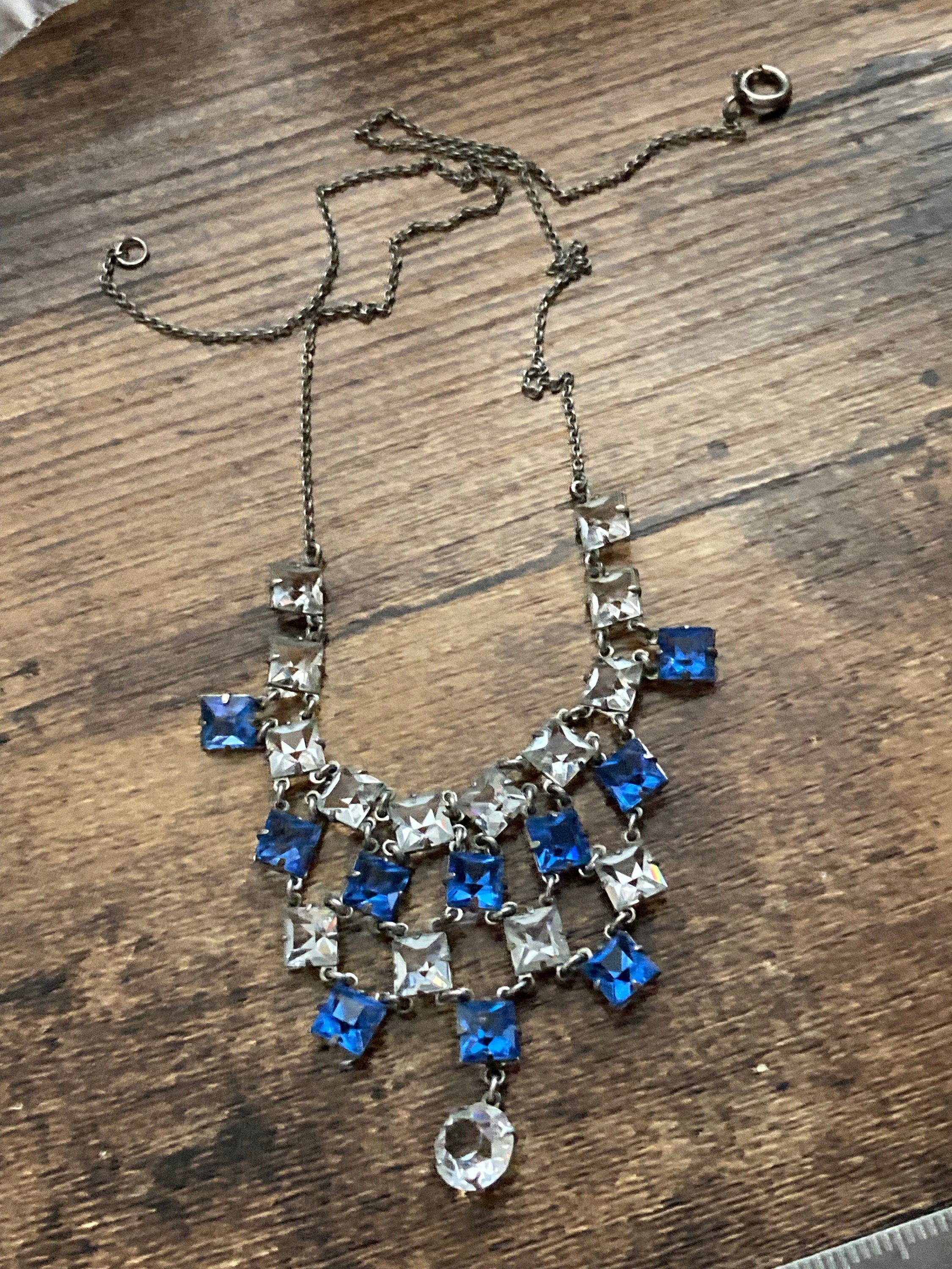 Petite Art Deco czech open back crystal Sapphire blue clear diamanté Paste Rhinestone glass bib necklace