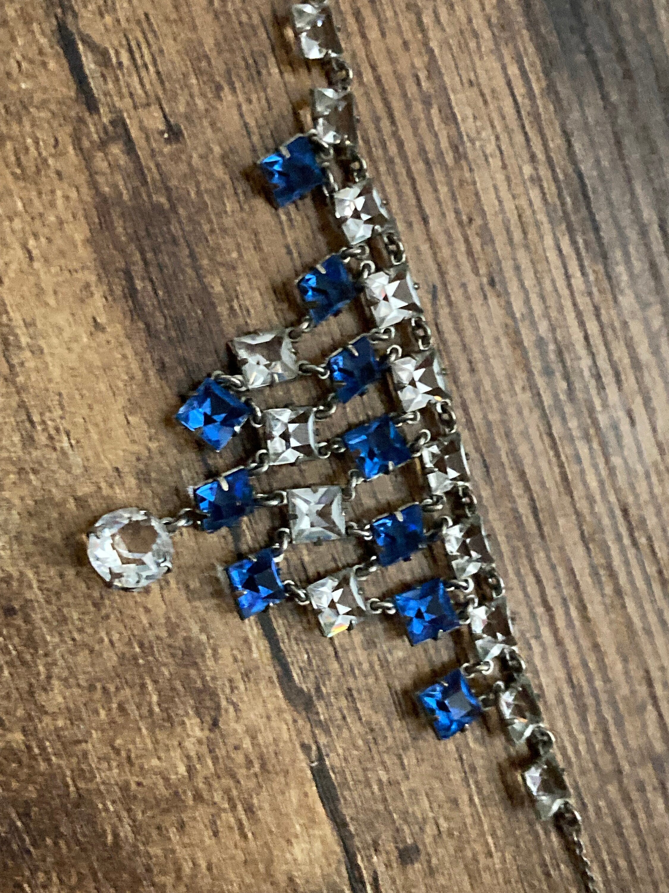 Petite Art Deco czech open back crystal Sapphire blue clear diamanté Paste Rhinestone glass bib necklace