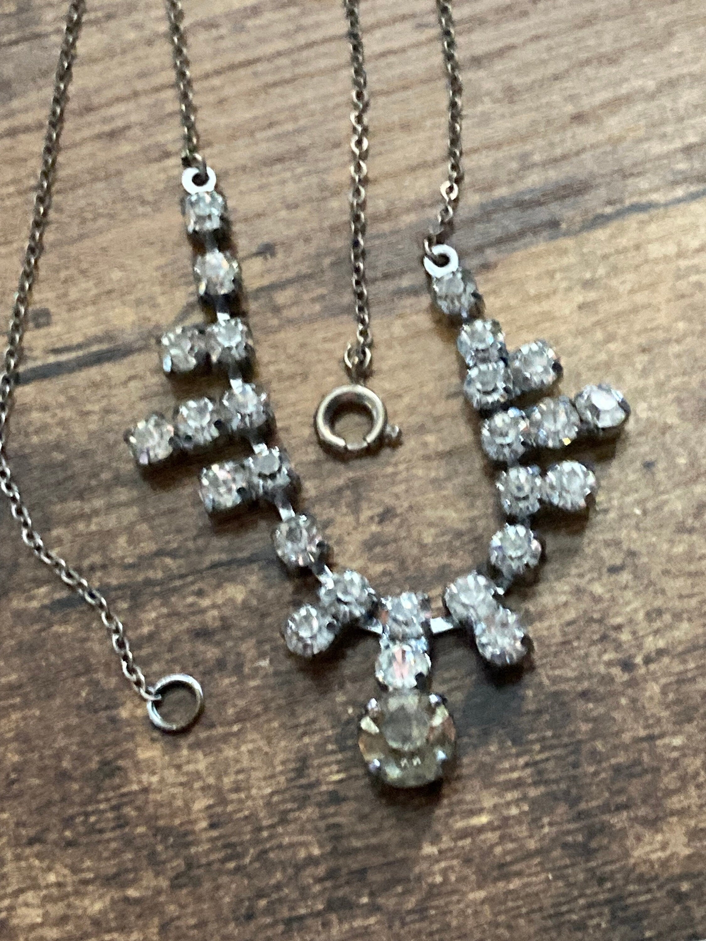 Vintage clear diamanté necklace paste rhinestone crystal silver tone