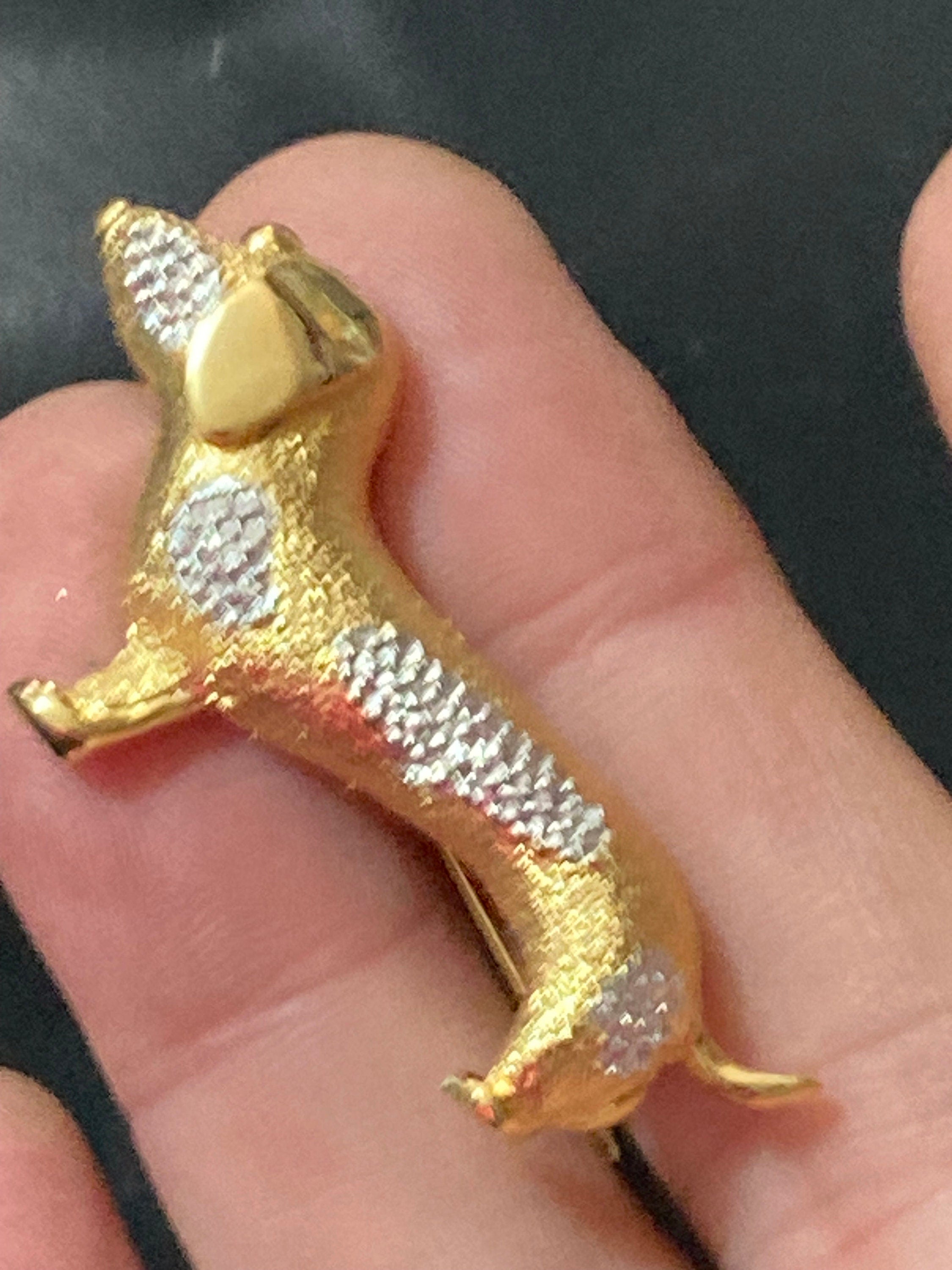 AF Dachshund sausage dog brooch Modern Gold and silver Tone