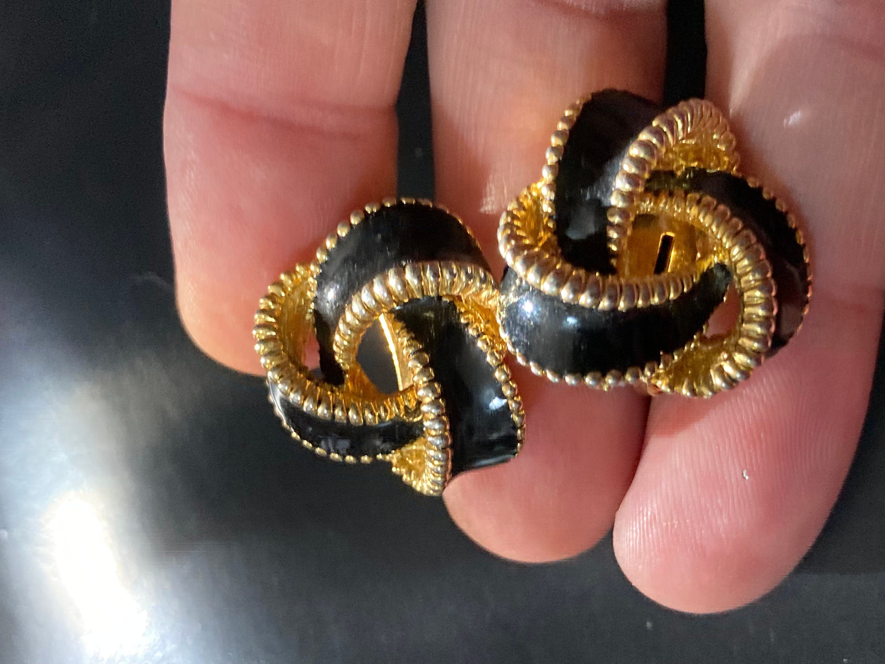 Vintage Gold tone black enamel clip on stud knot earrings
