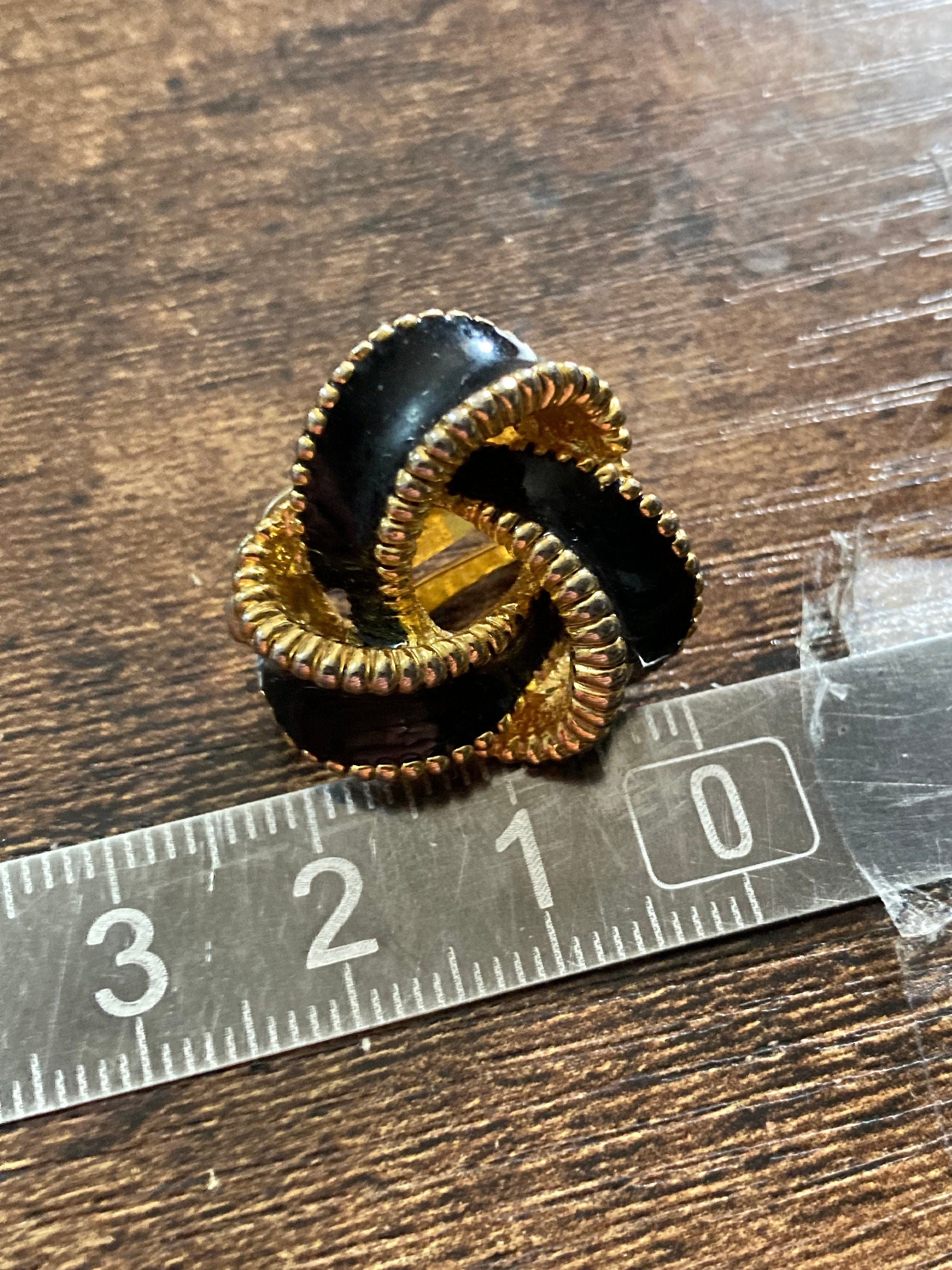 Vintage Gold tone black enamel clip on stud knot earrings