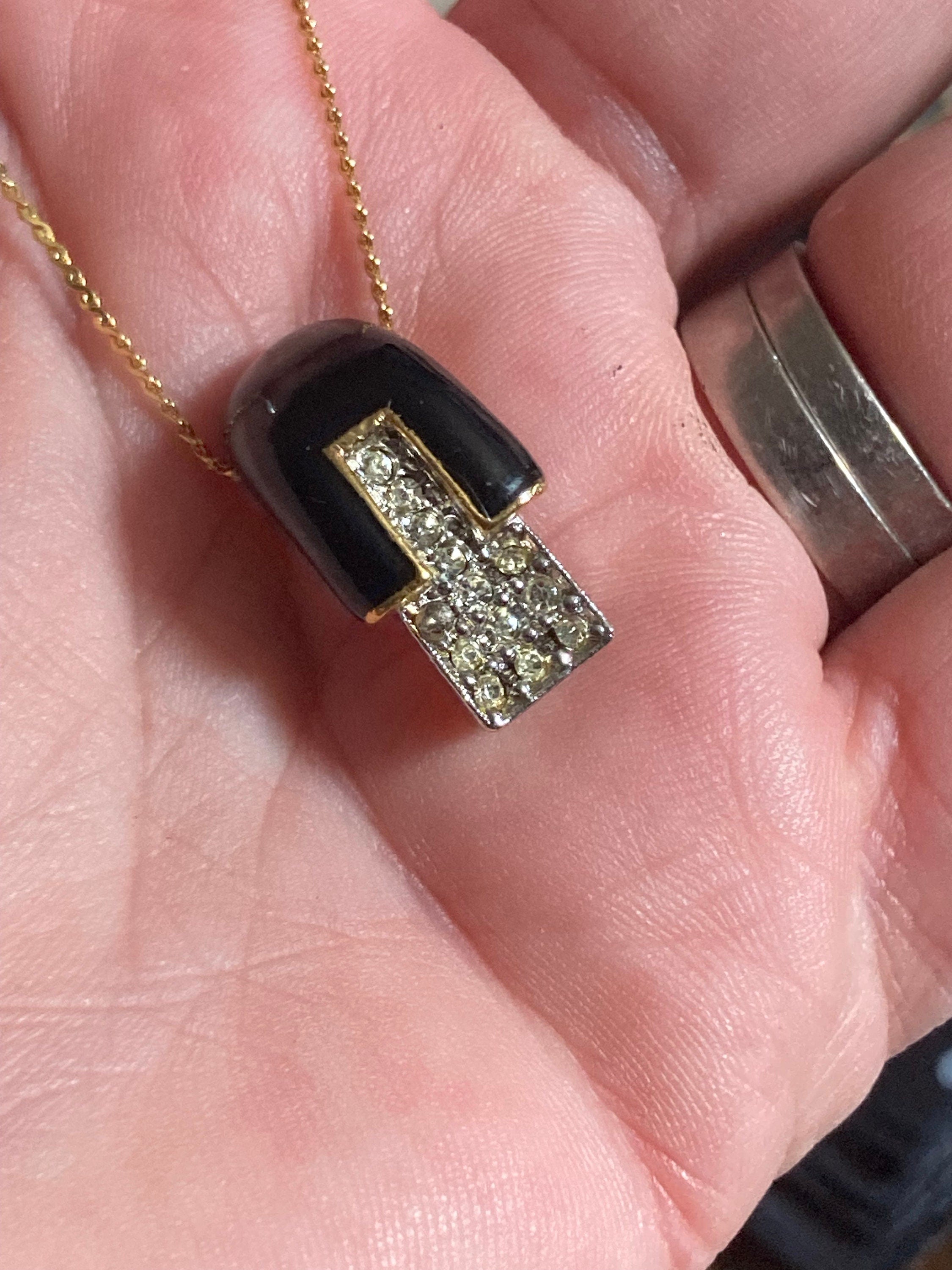 Dainty petite retro 38cm simple gold chain with black and diamanté pendant