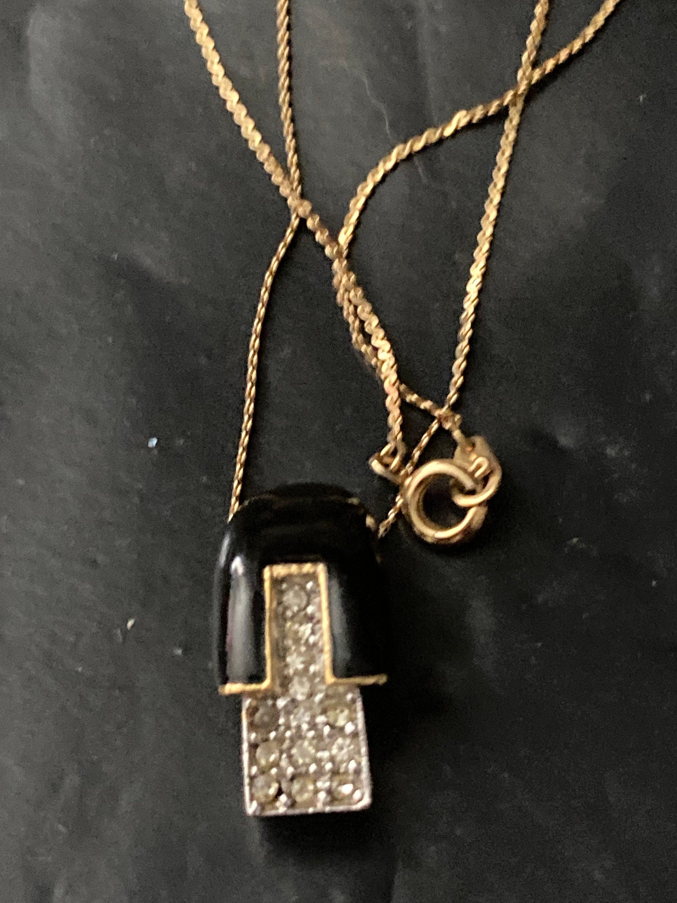 Dainty petite retro 38cm simple gold chain with black and diamanté pendant
