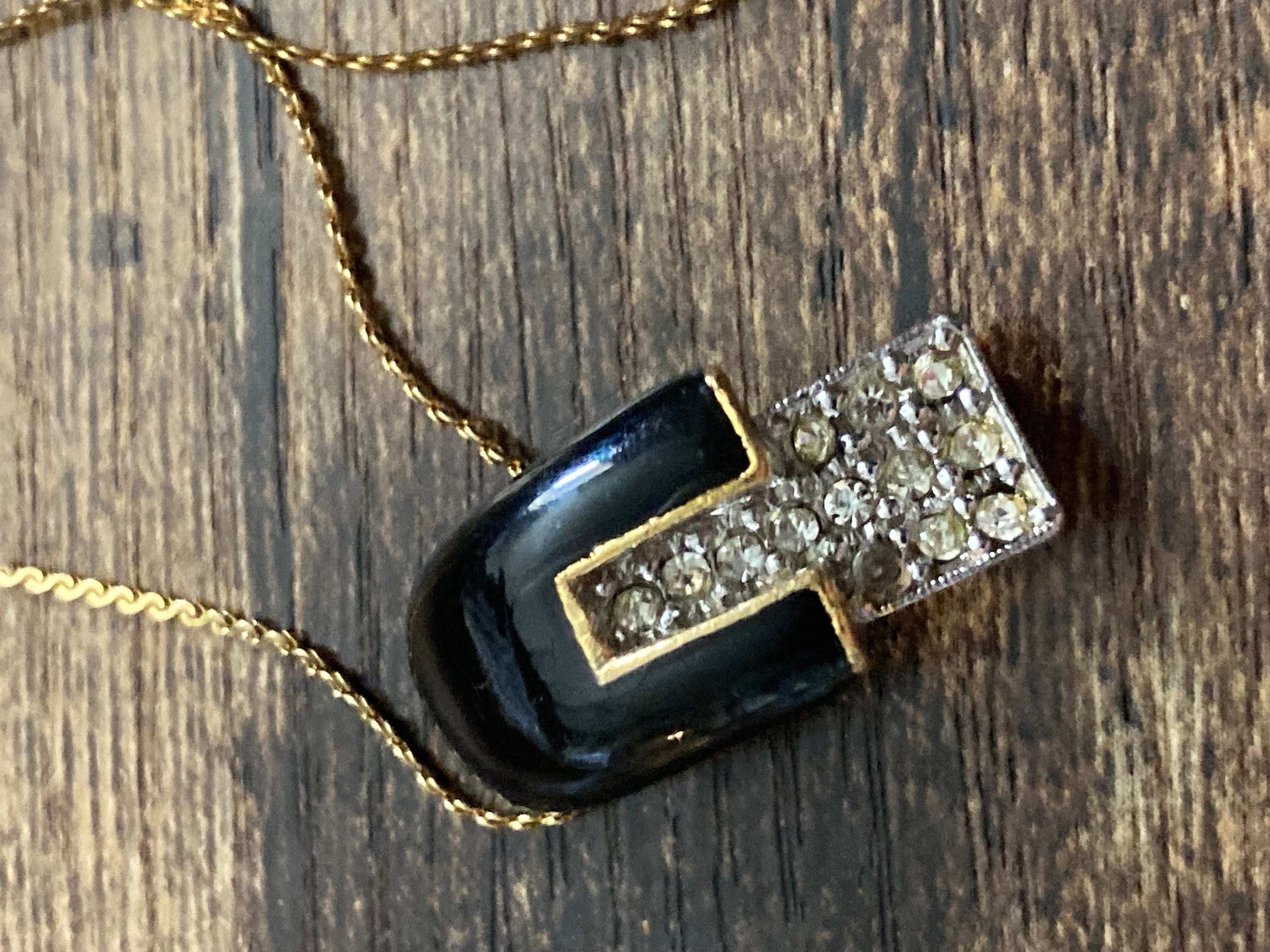 Dainty petite retro 38cm simple gold chain with black and diamanté pendant
