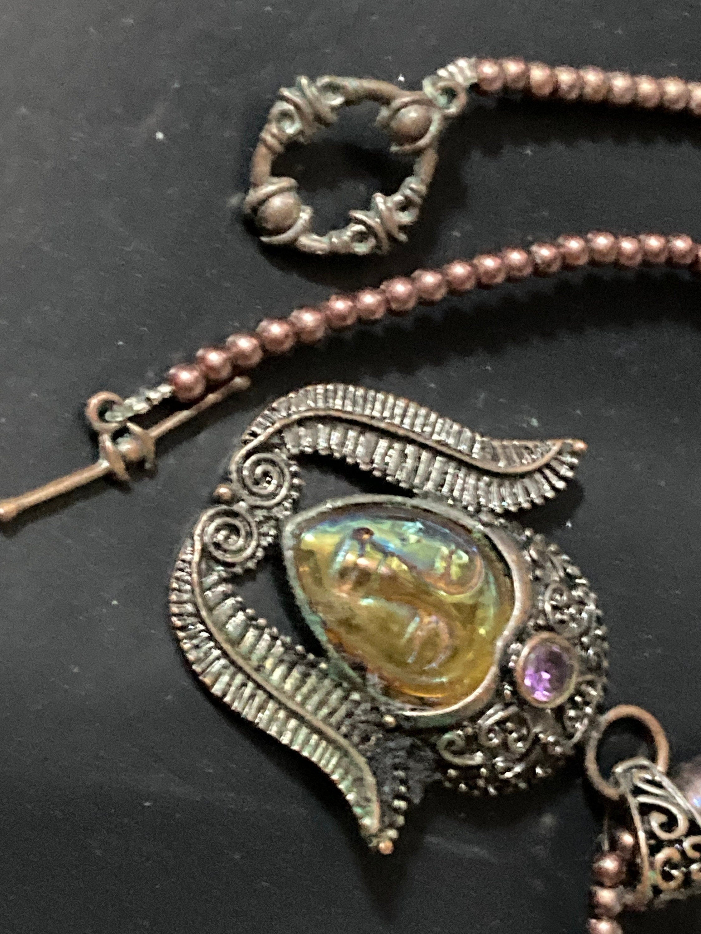 Genuine natural Dyed pearl purple beaded Tibetan face cabochon pendant drop necklace