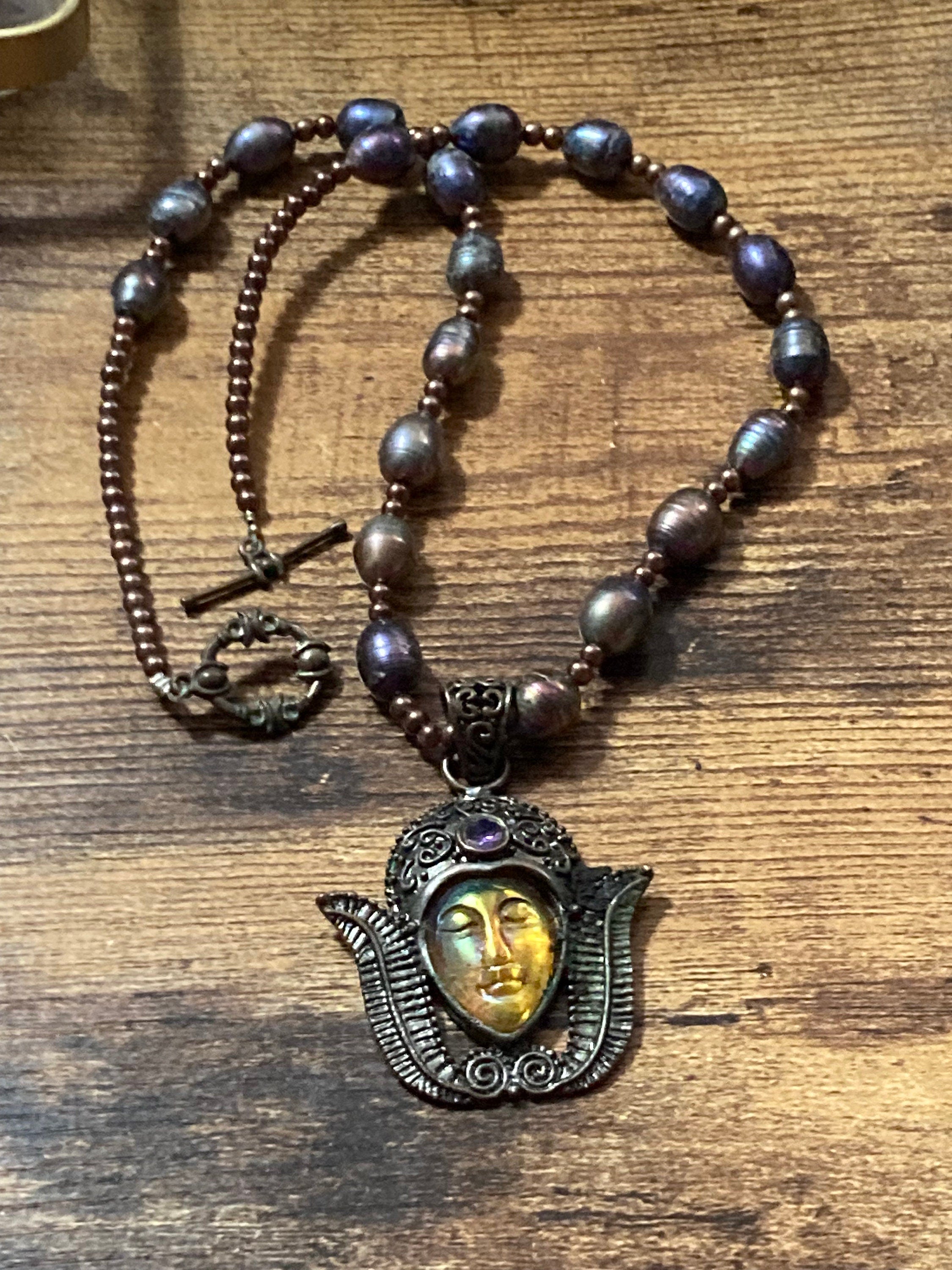 Genuine natural Dyed pearl purple beaded Tibetan face cabochon pendant drop necklace