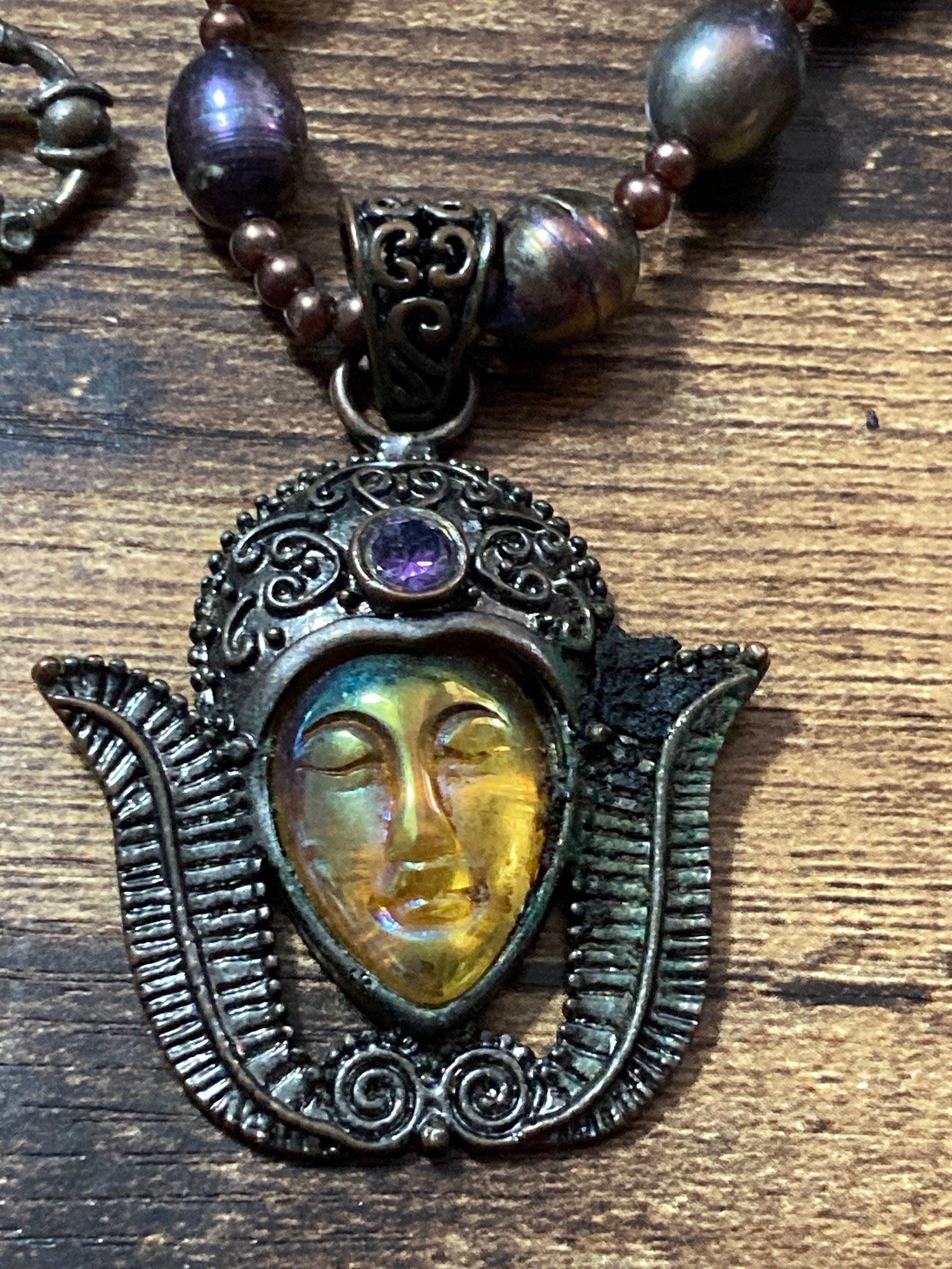 Genuine natural Dyed pearl purple beaded Tibetan face cabochon pendant drop necklace