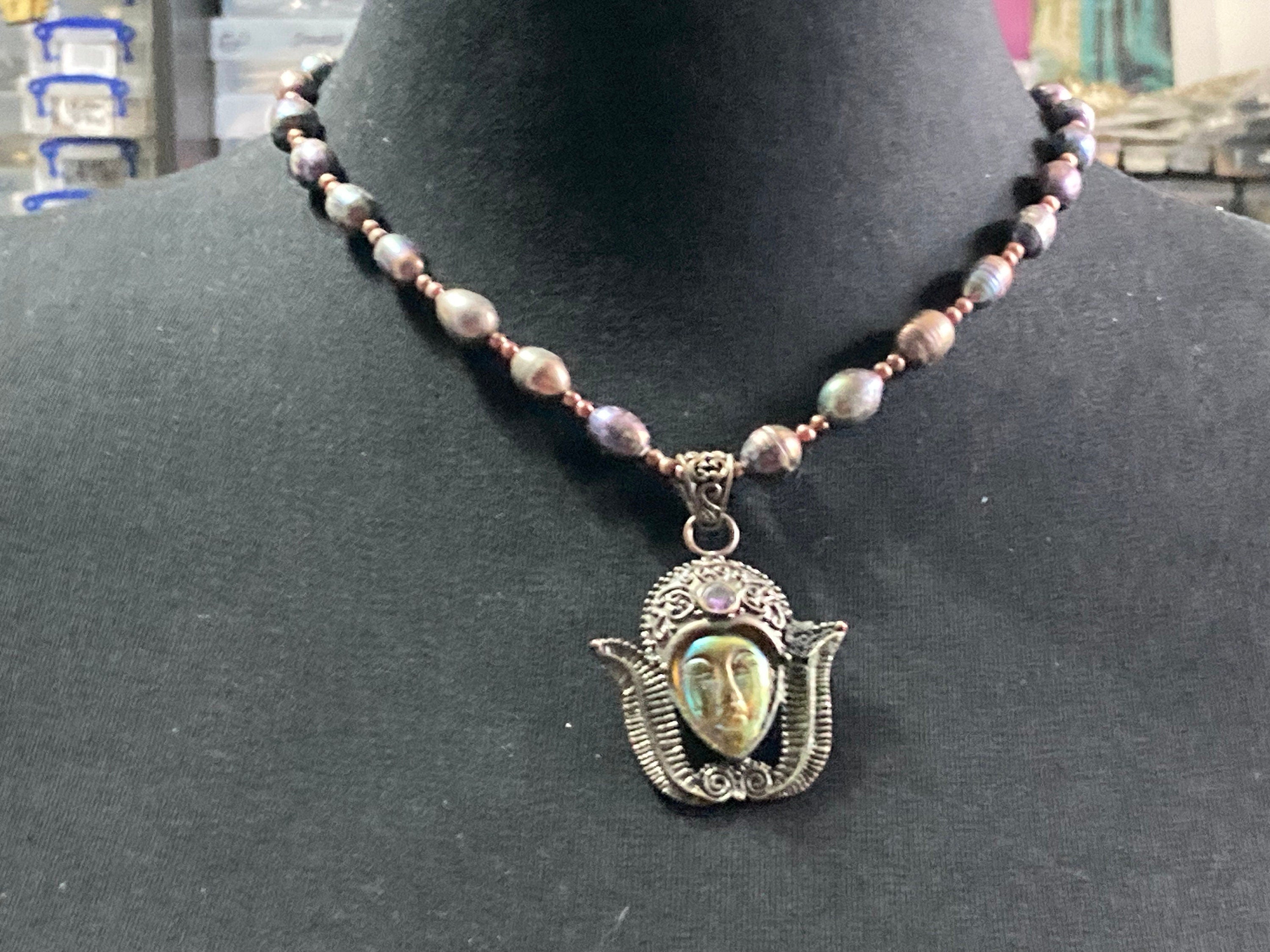 Genuine natural Dyed pearl purple beaded Tibetan face cabochon pendant drop necklace