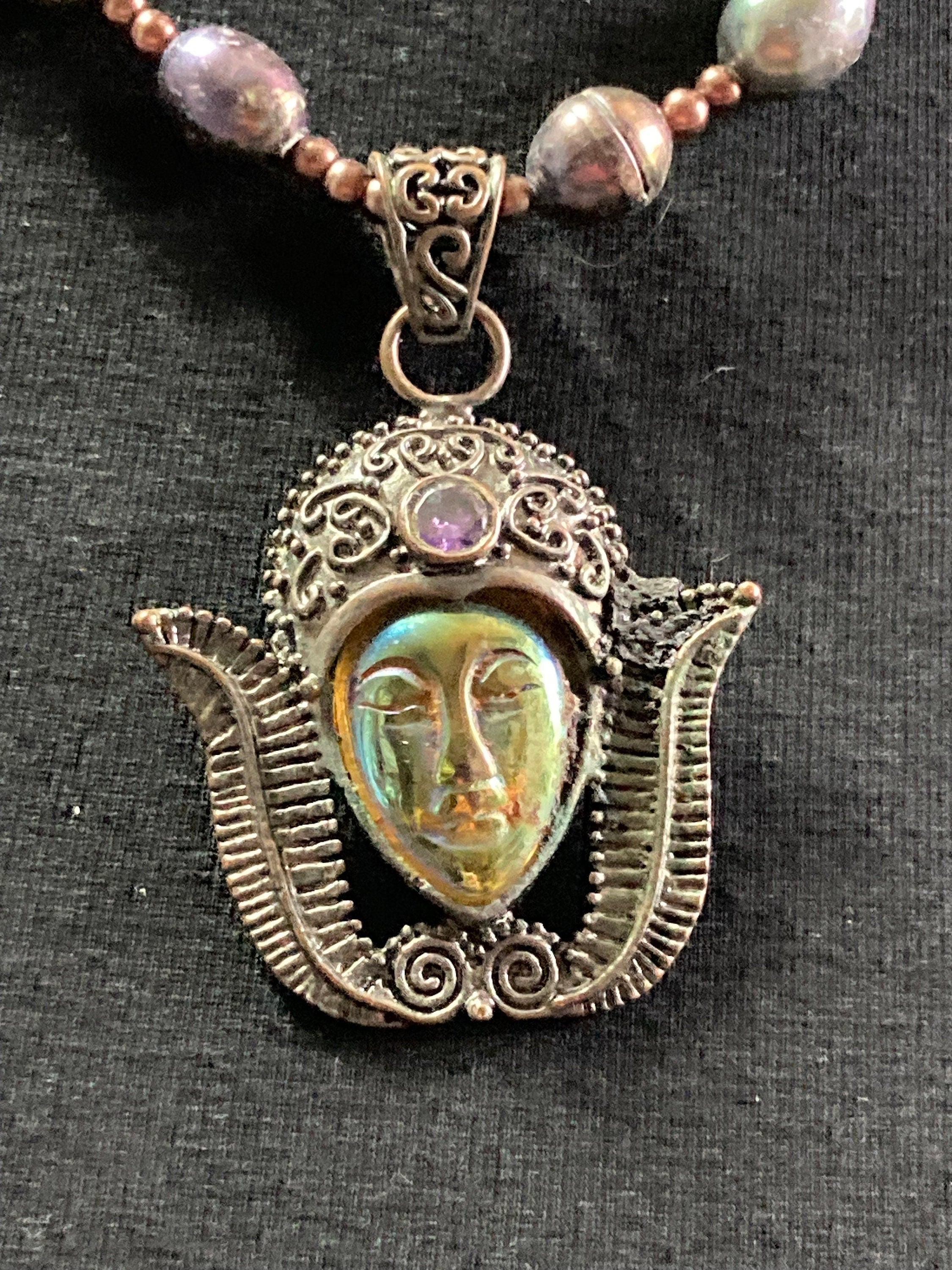 Genuine natural Dyed pearl purple beaded Tibetan face cabochon pendant drop necklace