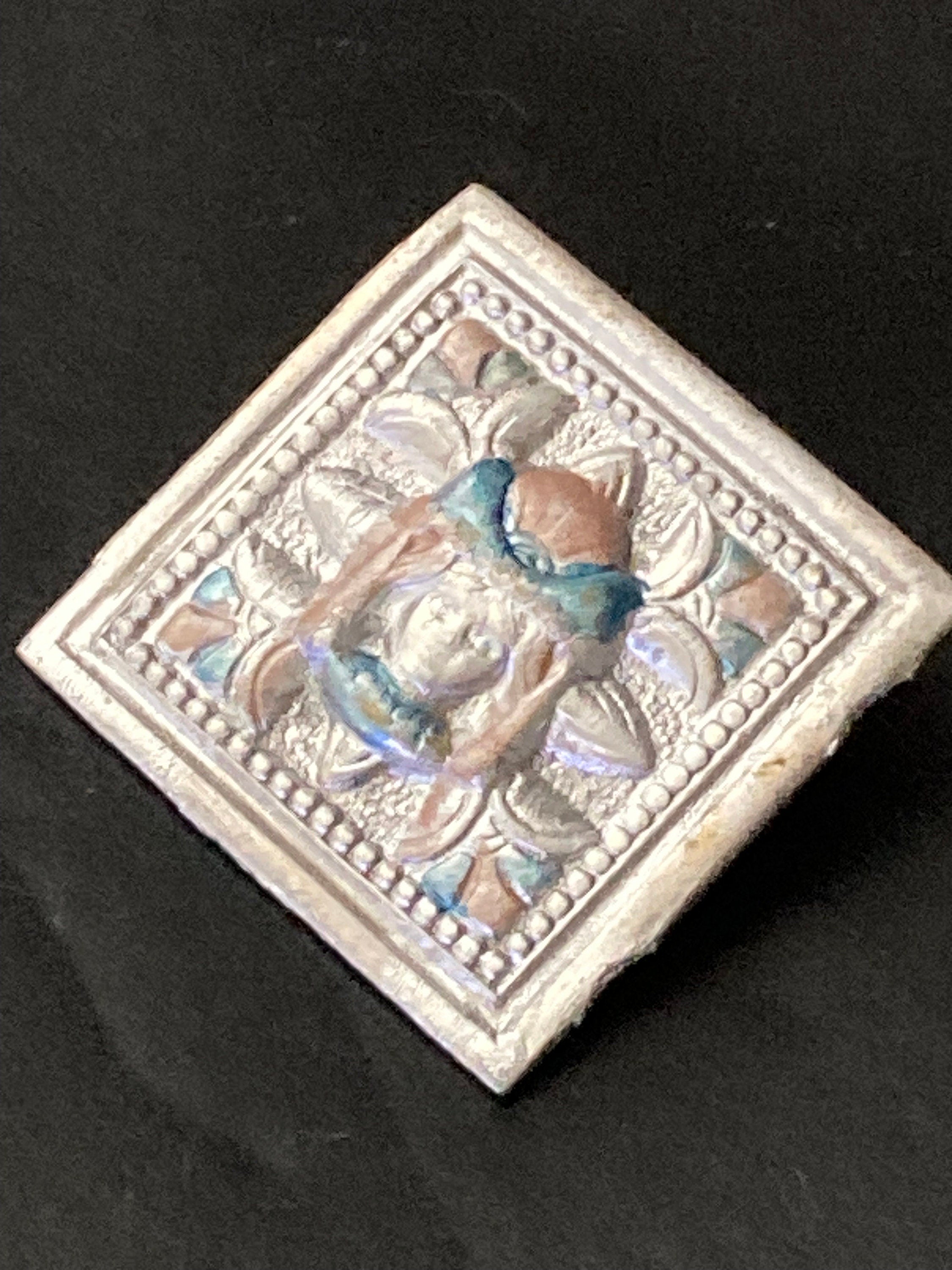 Small square are silver tone lady ladies face brooch 2cm blue pink