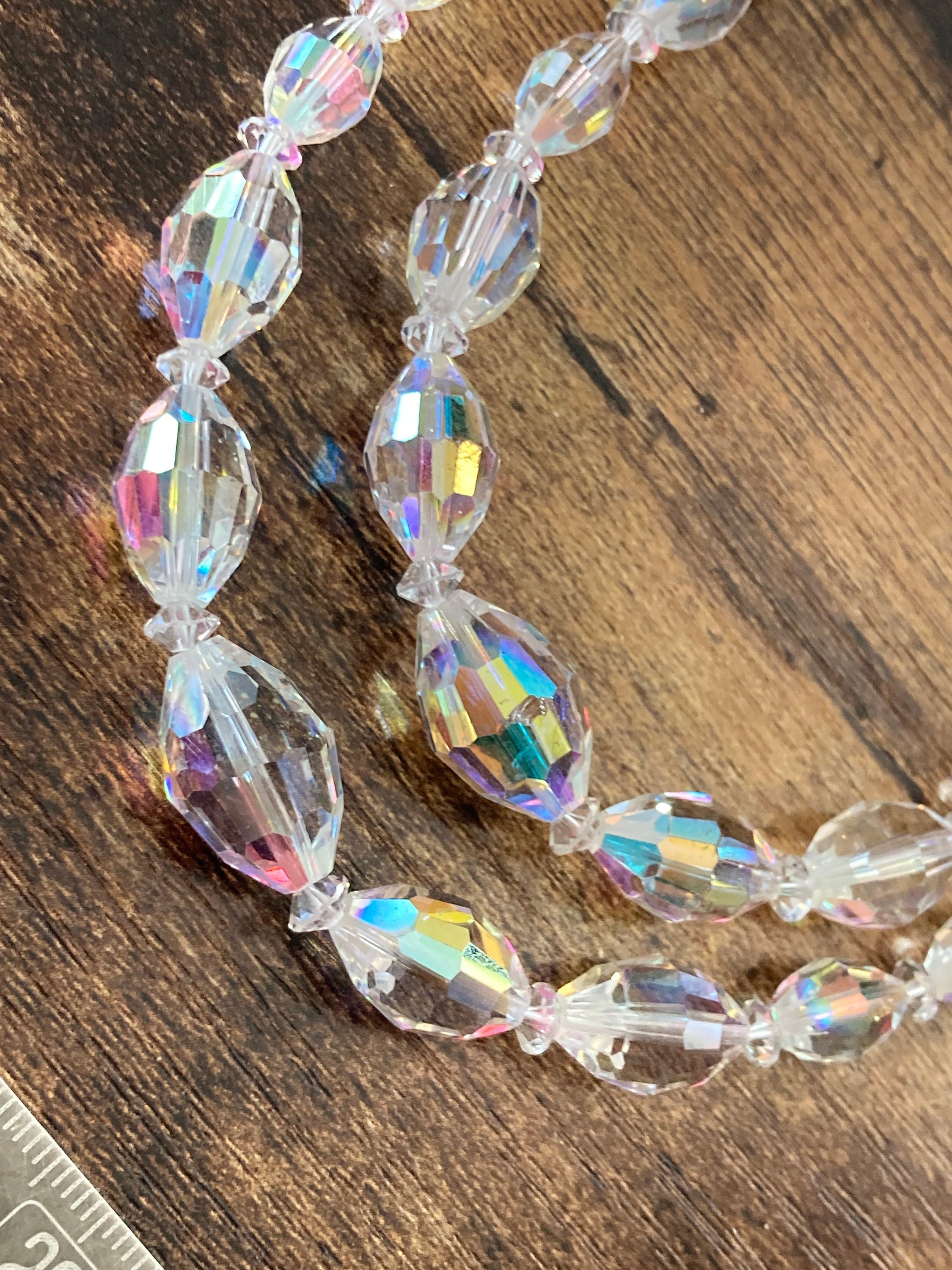 clear bicone AB rainbow Aurora borealis glass Crystal 2 row double strand beaded necklace choker festoon mid century