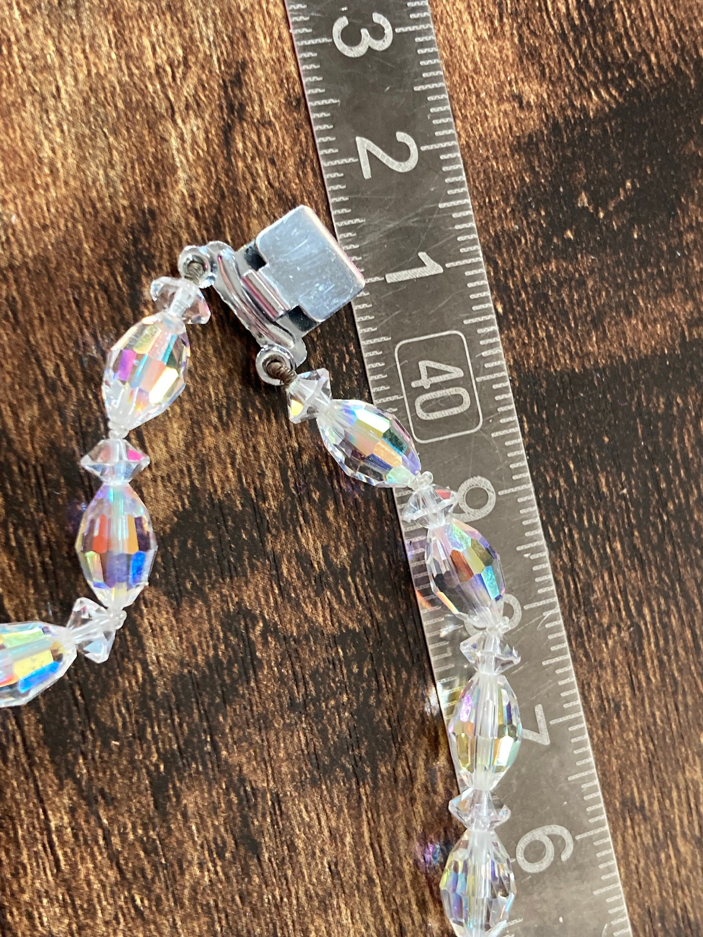 clear bicone AB rainbow Aurora borealis glass Crystal 2 row double strand beaded necklace choker festoon mid century