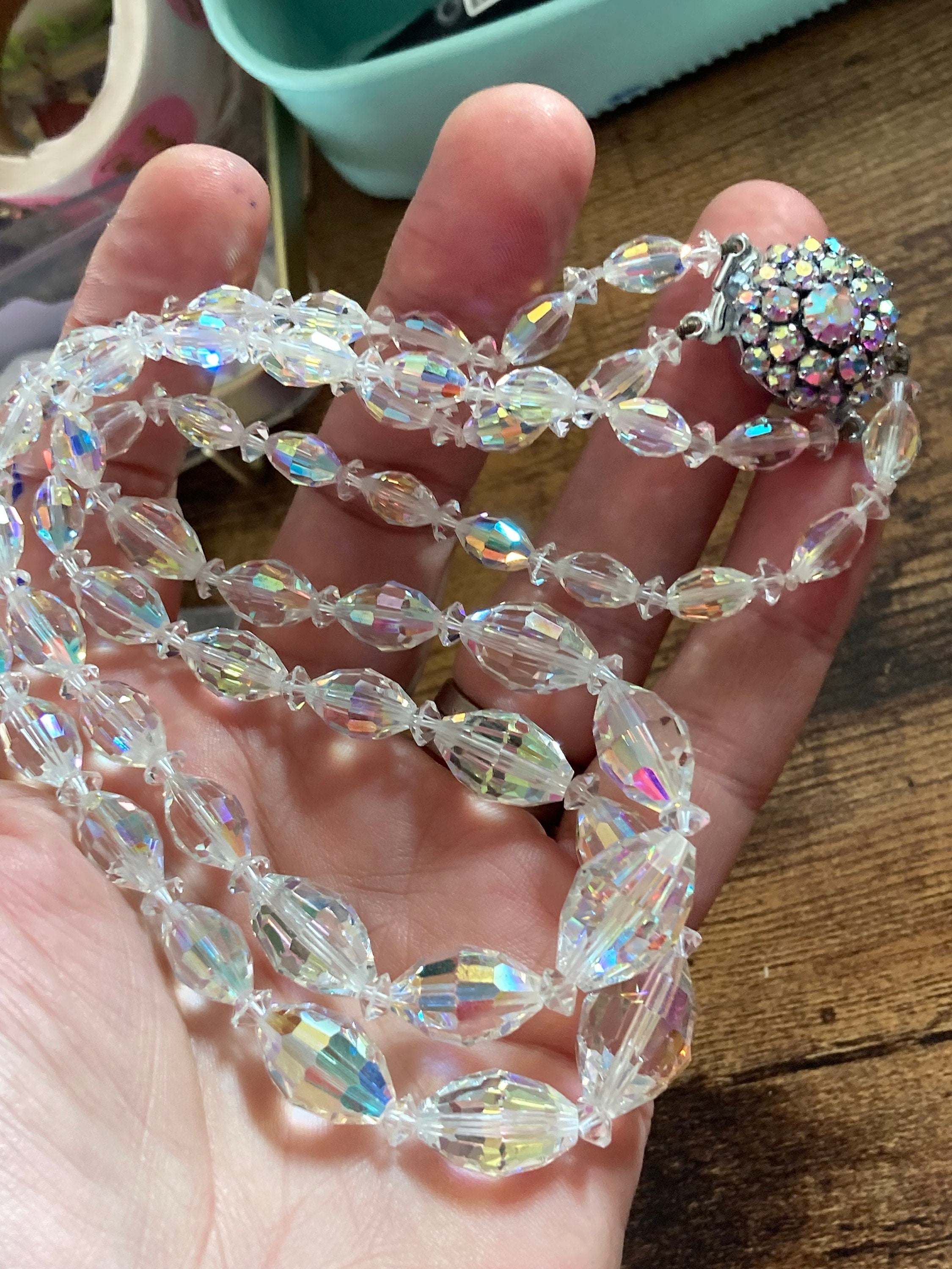 clear bicone AB rainbow Aurora borealis glass Crystal 2 row double strand beaded necklace choker festoon mid century