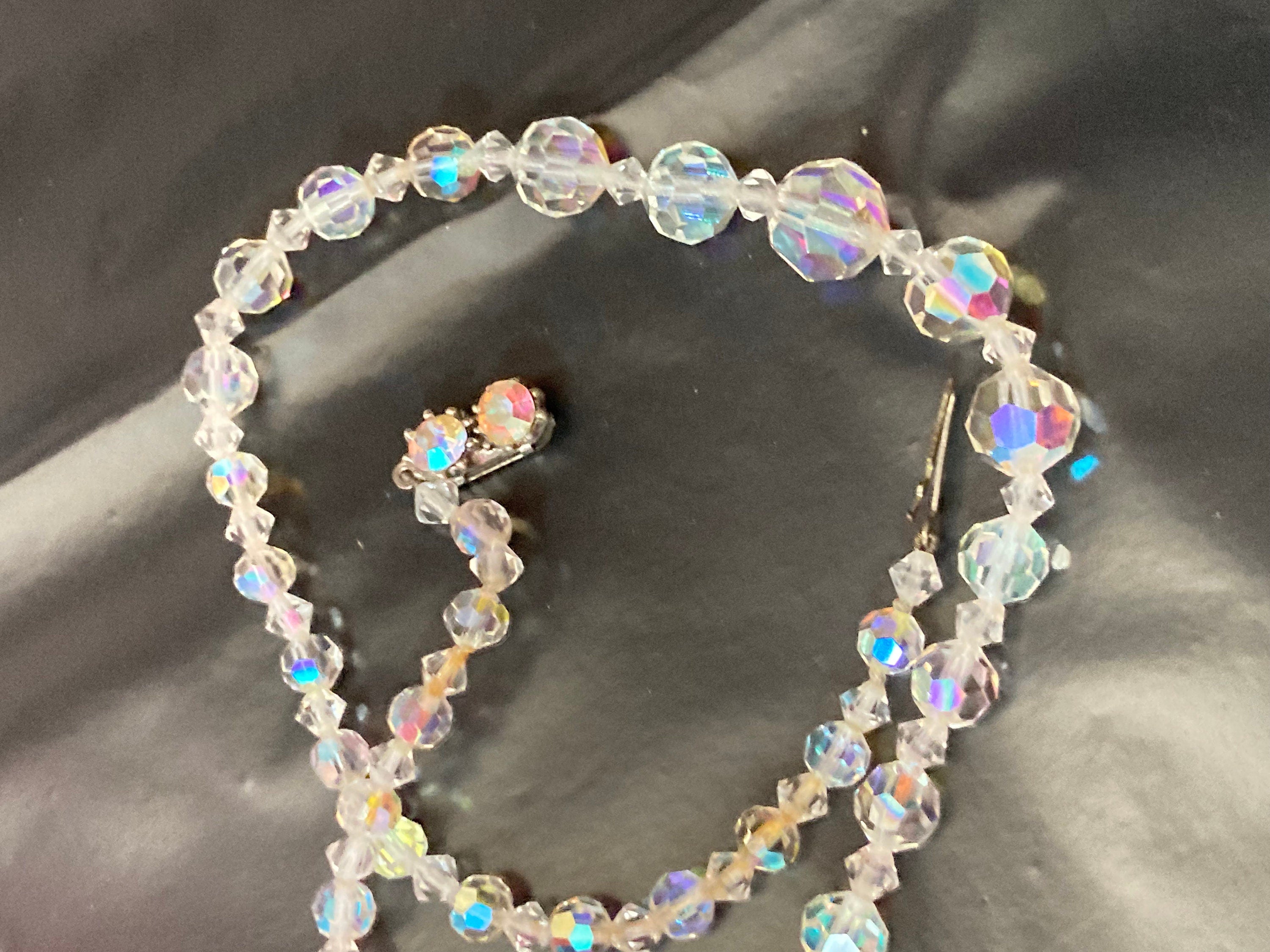 Art Deco clear aB Aurora borealis glass Crystal beaded necklace Collar mid century