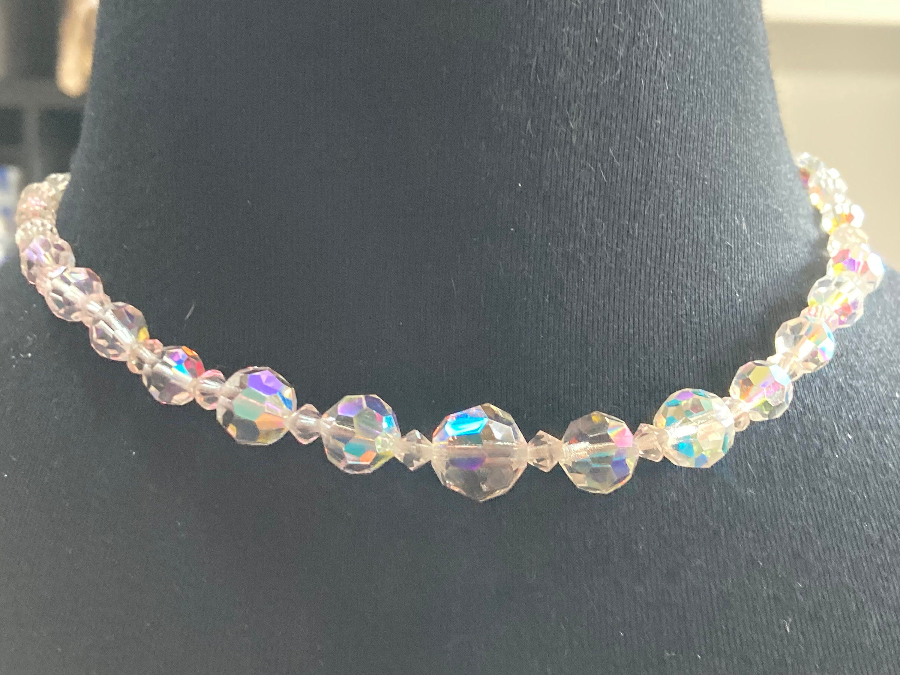 Art Deco clear aB Aurora borealis glass Crystal beaded necklace Collar mid century