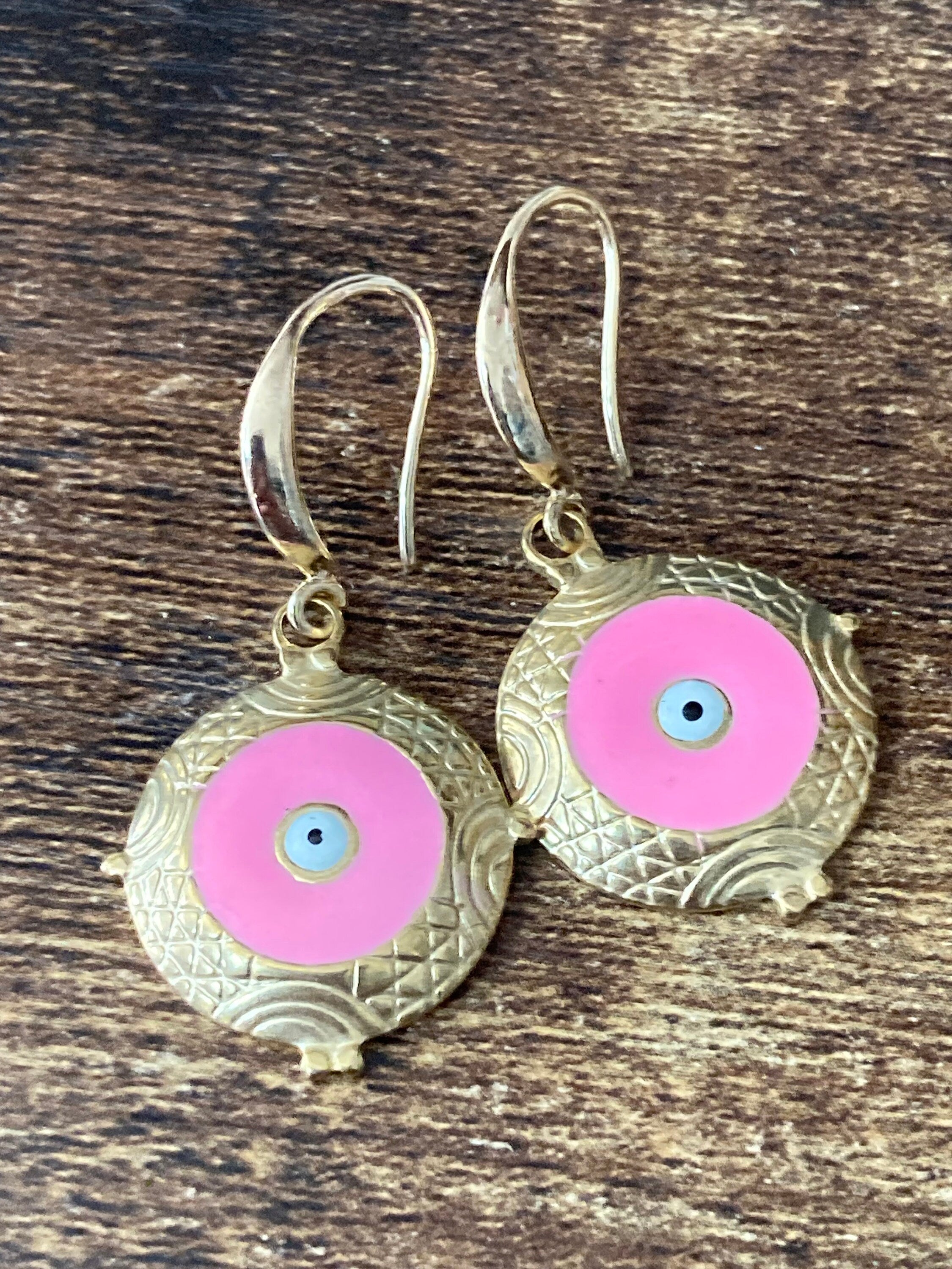 18k gold plated pink enamel third eye Victorian charm drop earrings