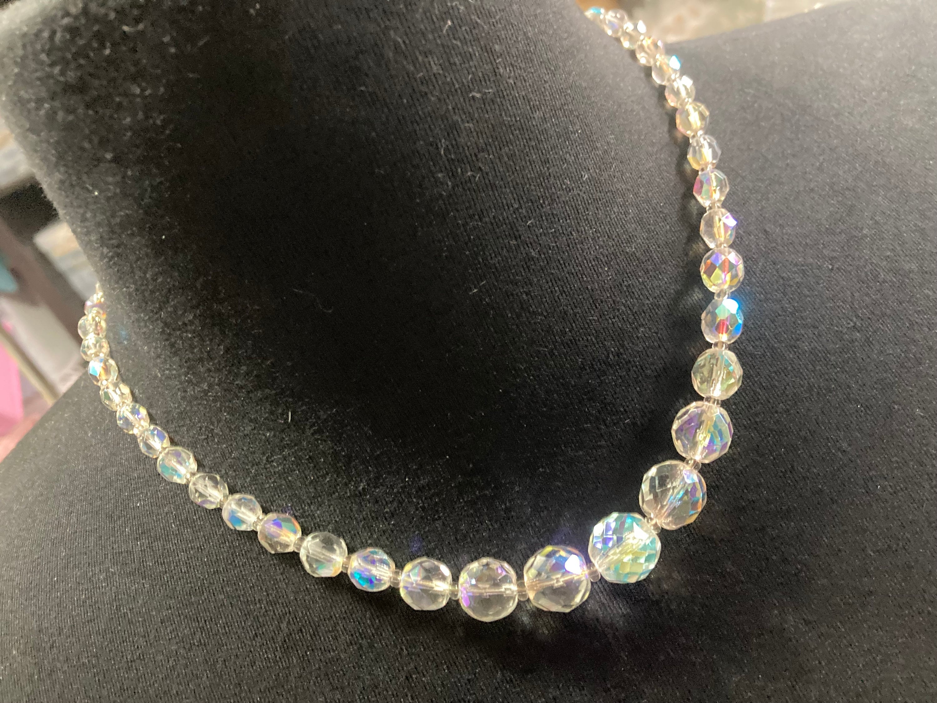 Art Deco clear aB Aurora borealis glass Crystal beaded necklace Collar mid century