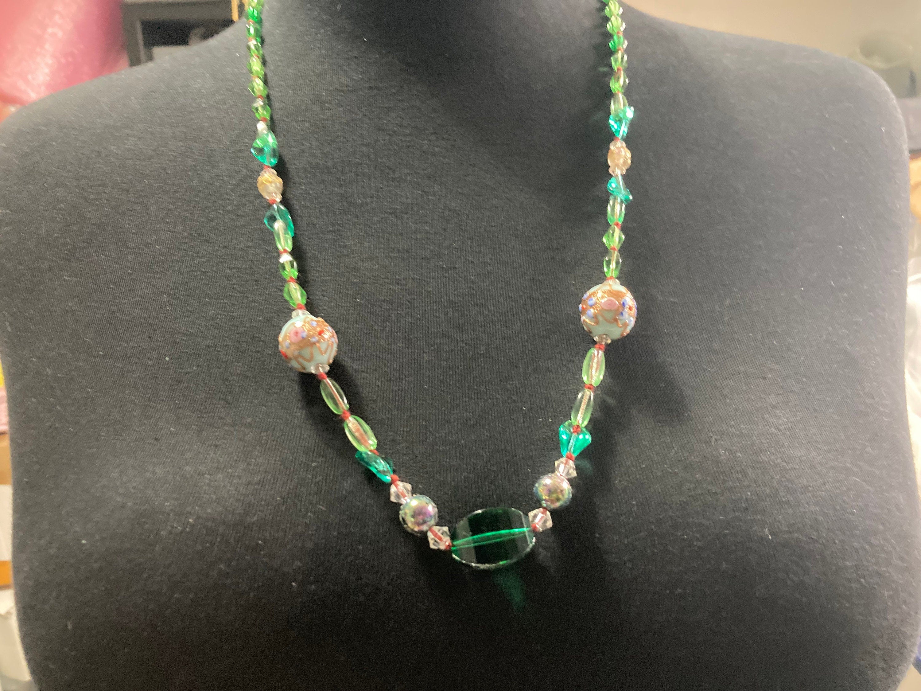 art Deco Czech glass and crystal emerald green 72cm wedding cake beads Necklace Antique 1920s