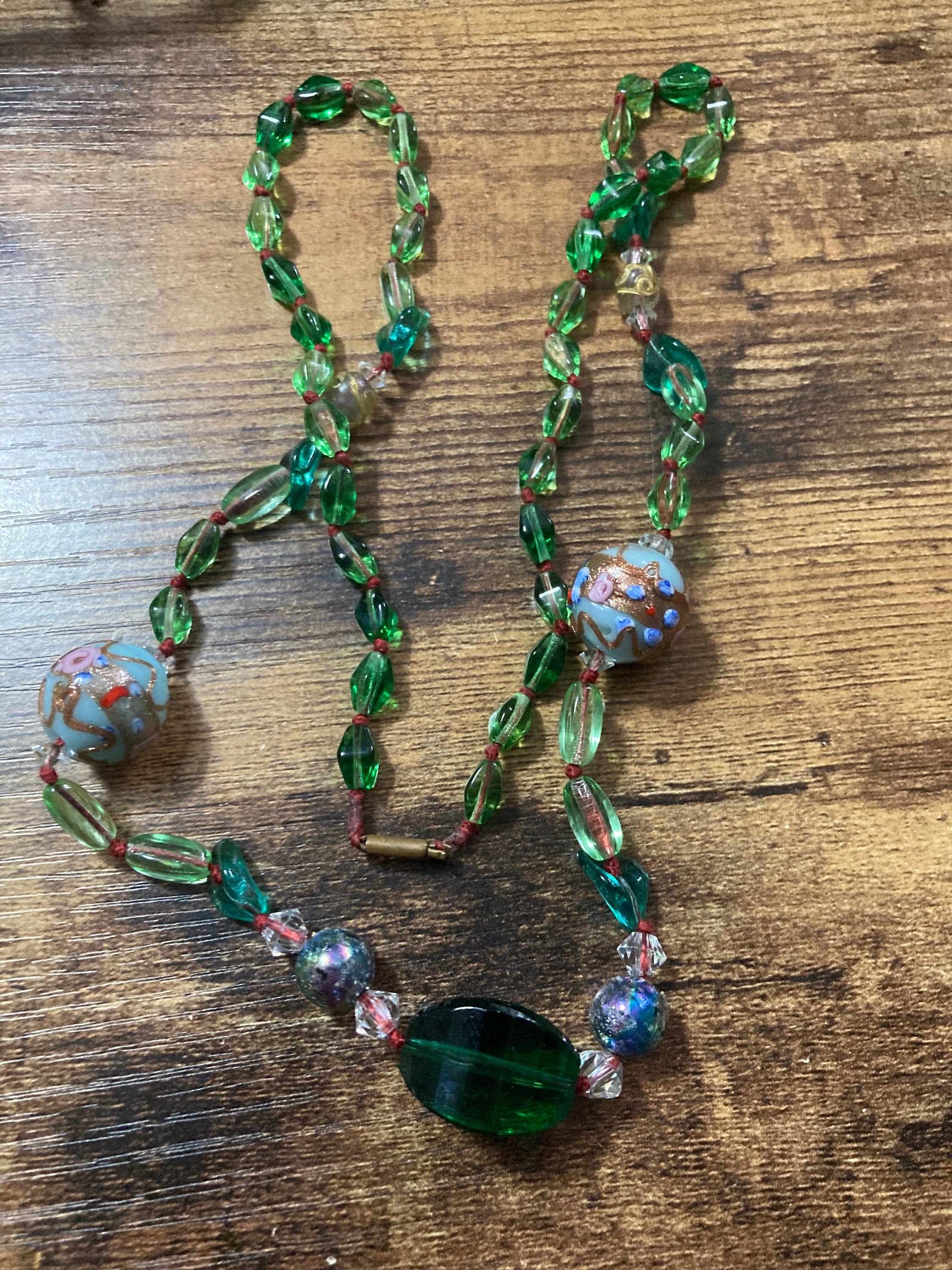 art Deco Czech glass and crystal emerald green 72cm wedding cake beads Necklace Antique 1920s